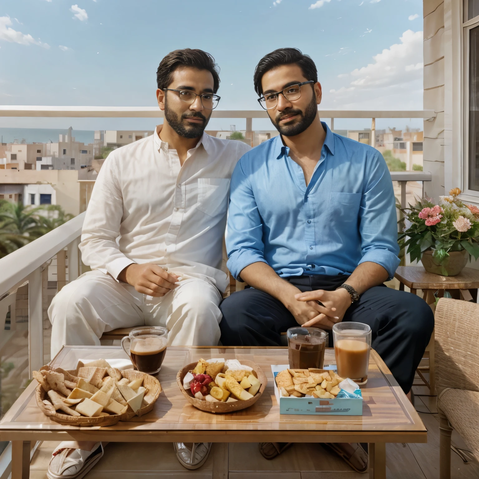 2 men, sitting together on the balcony of the house. Home balcony, clear sky, table, snacks, coffee, flowers. 1 man wearing glasses, Muslim clothes, short thin black beard. Next man with short hair, blue shirt. Add some flowers on the table.