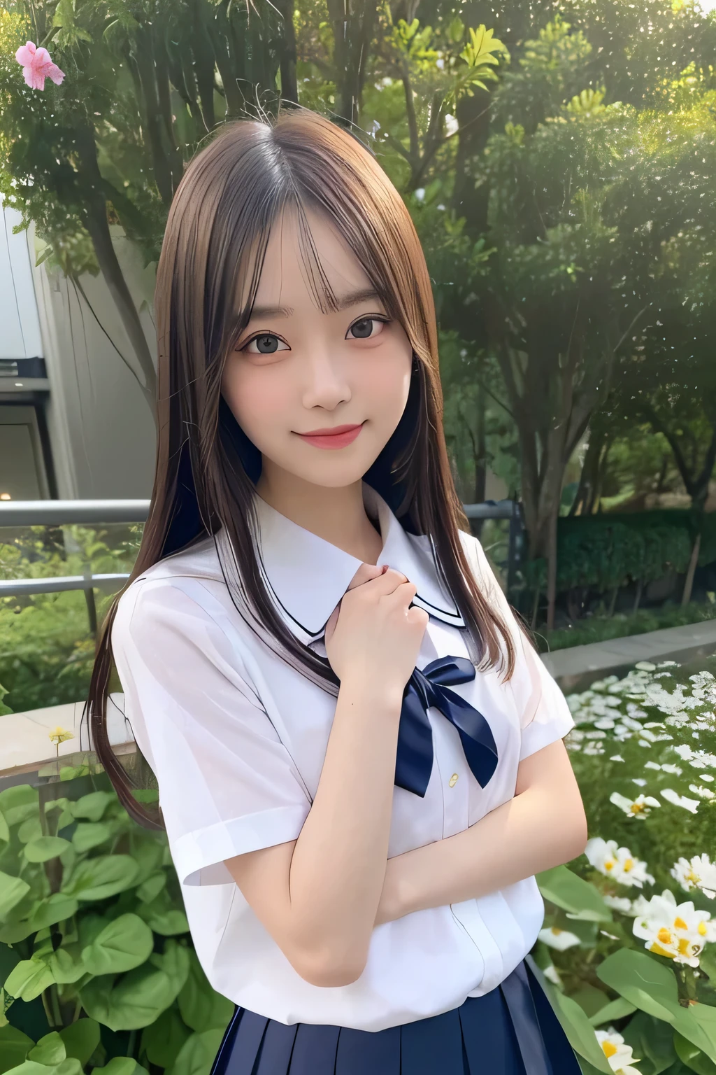 pieces fly、masterpiece、highest quality、Super detailed、High resolution、High resolution、8K portrait、unity 8k wallpaper、Detailed CG、unity 8k wallpaper、Detailed CGユニティ8kの壁紙、realistic、real person、portrait photography、shiny skin、(25 years old:1.2)、High resolution、beautiful clear eyes、very detailed explanation、delicate face、nice lips、thin waist、thin legs、1 girl、(garden:1.3)、(shirt, serafuku, crew_collar, alone, white shirt, school uniform, navy pleated skirt, collared shirt)、(big smile:1.2)、(take a pose:1.4)、(flat chest:1.4)