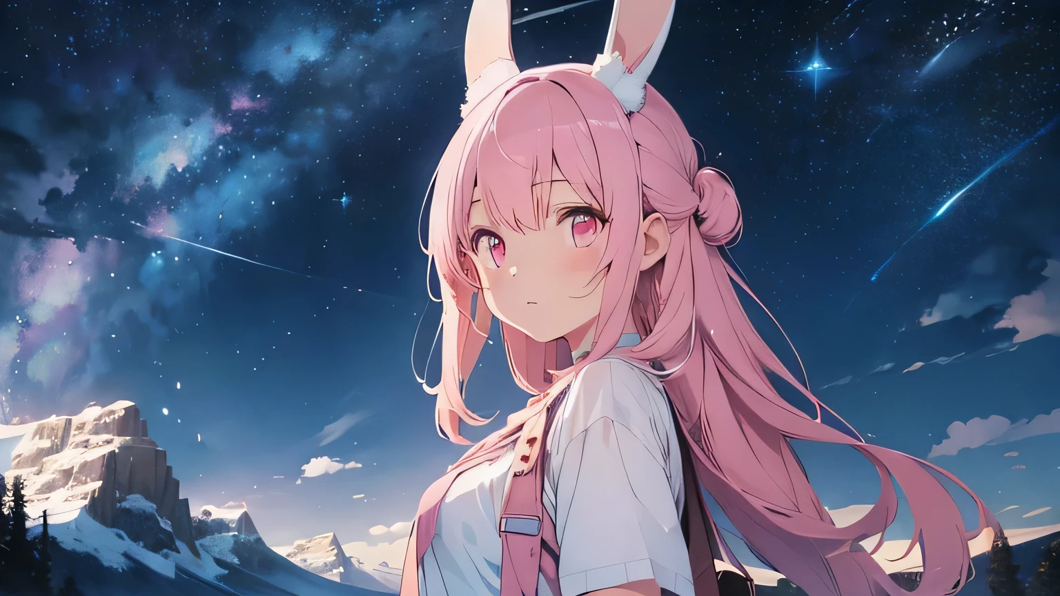 A person standing in front of a mountain under the starry sky,beautiful illustrations, highest quality, pretty girl, pastel colour, fluffy rabbit ears, pink long hair,pale pink eyes