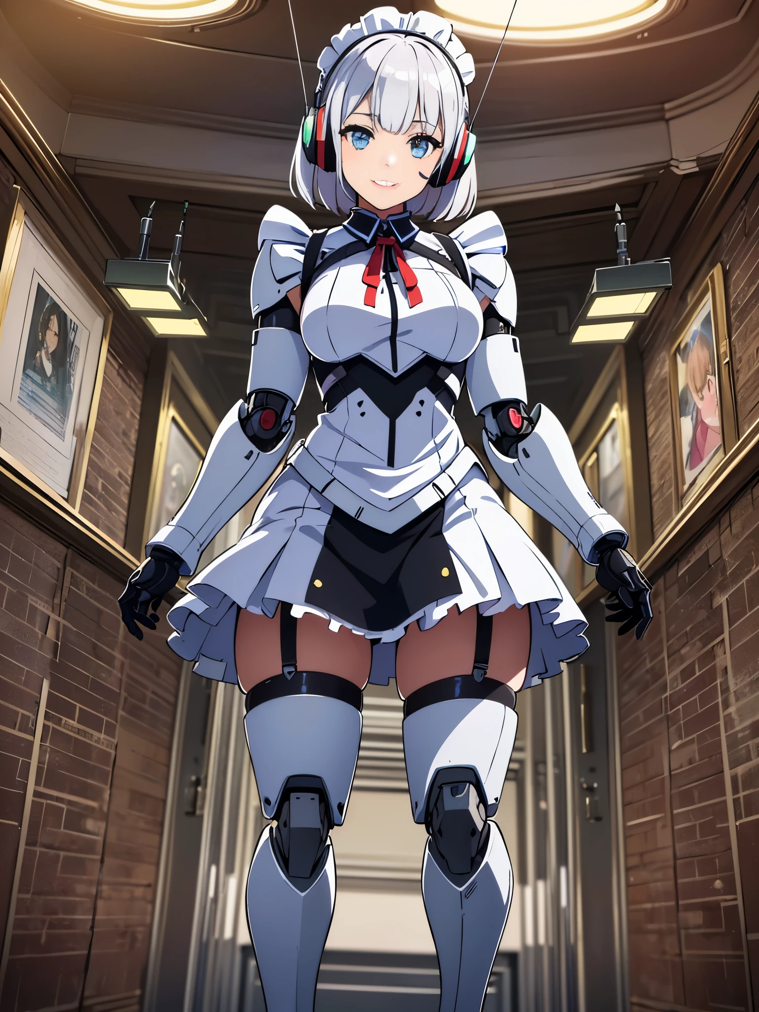 (((1 woman:1.8)))、(((full body description)))、(((Standing depiction)))、(((9th class)))、Beautiful woman in moe pose in futuristic white shiny heavy armored robot suit、perfect android girl, gynoid cyborg body, perfect anime cyborg woman, beautiful female android!, female robot, fully robotized!! girl, Cute cyborg girl, cyber suit, メカサイバーアーマーを着たgirl, cyber suit, beutiful white girl cyborg, beautiful female android, Beautiful girl cyborg、Cute robot woman with white silver short bob hair、Gravure Model Android Beautiful Girl、(bright smile:1.3)、(((Headphones with long sensor antennas in both ears)))、(robot girl)、(((美しいgirlアンドロイド)))、(((重装甲メイド服を着たgirl)))、(((White heavy armored robot girl in maid clothes)))、(((White heavy armored robot beautiful girl in miniskirt and maid clothes)))、(((Beautiful girl in white heavy armored maid robot)))、(((Cyborg Maid Beautiful Girl)))、(((Robot beautiful girl wearing white shiny heavy armored maid clothes)))、(((waitress)))、(((Carry meals:1.3))) ,Proper body proportions,table top,Super high quality output image,High resolution,intricate details,very delicate and beautiful hair,(Photoreal:1.3)realistic pictures,dream-like,professional lighting,realistic shadow,focus only,well-groomed face,Big eyes,beautiful hands,beautiful fingers,Detailed functions of fingers,Detailed clothing characteristics,Detailed characteristics of hair,detailed facial features,