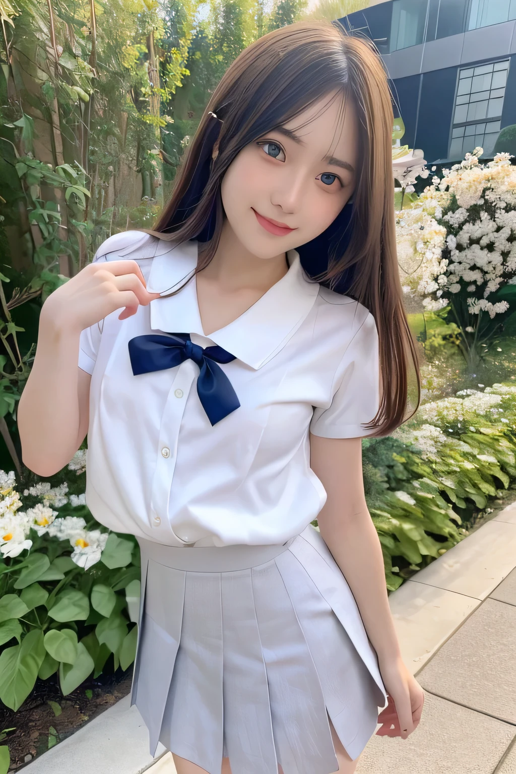 pieces fly、masterpiece、highest quality、Super detailed、High resolution、High resolution、8K portrait、unity 8k wallpaper、Detailed CG、unity 8k wallpaper、Detailed CGユニティ8kの壁紙、realistic、real person、portrait photography、shiny skin、(25 years old:1.2)、High resolution、beautiful clear eyes、very detailed explanation、delicate face、nice lips、thin waist、thin legs、1 girl、(garden:1.3)、(shirt, serafuku, crew_collar, alone, white shirt, school uniform, navy pleated skirt, collared shirt)、(big smile:1.2)、(take a pose:1.4)、(flat chest:1.4)