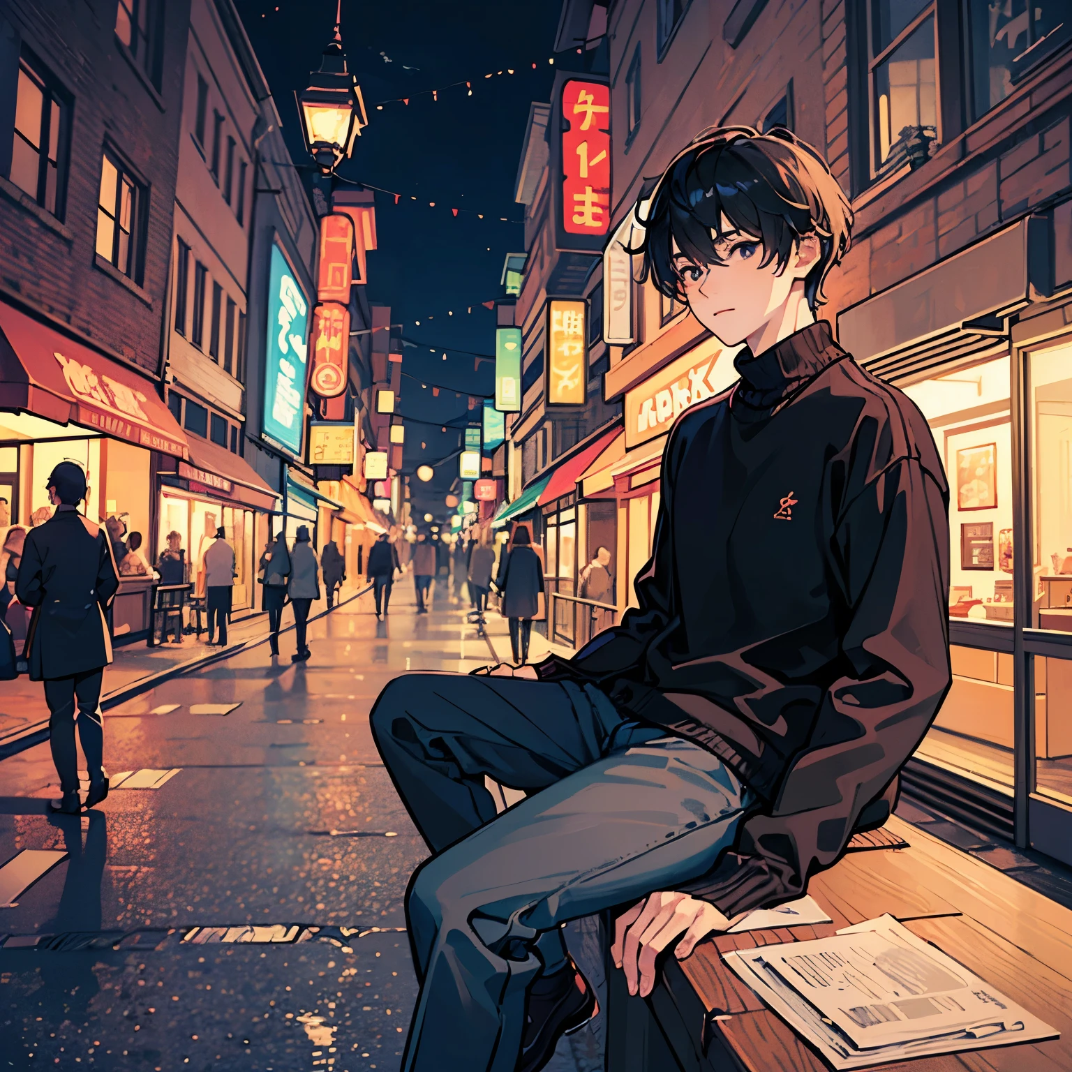 ((masterpiece, best quality)) man, young man, man black hair, black eyes, black sweater, photo in the city at night, anime portrait, night city view, very detail