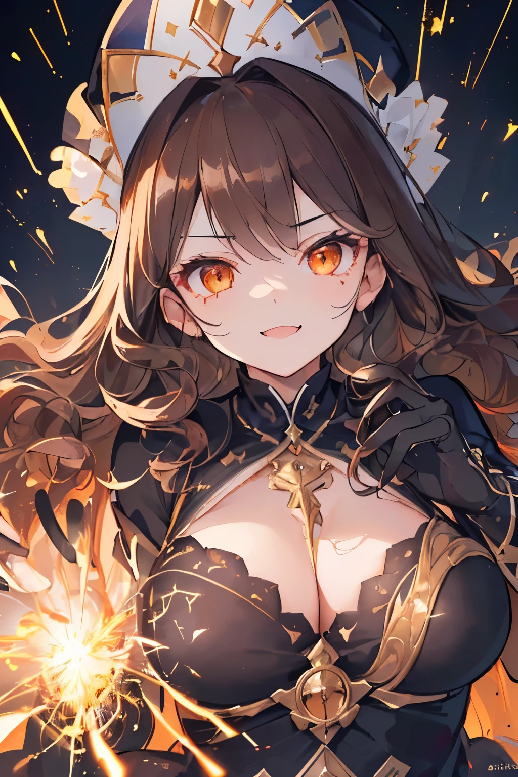 (((1girl))), ((best quality)), ((masterpiece)), ((ultra-detailed)), (illustration), (detailed light), (an extremely delicate and beautiful), (beautiful detailed eyes), (sunlight), ((extremely light)), ((extremely clothes)), (((hyper detail))),(((((front lighting))))),(((((front light))))),
((((quite adorable underware and magical hat)))), (((Novice Warock))),
,
(((wavy long hair))), ((((dark brown hair)))), (((long hair))),
(((dark orange eyes))),
((((whole body)))), aged 5 to 8, ((((())))), ((((very adorable young girl)))),
((condescending expression)), ((mischievous smile with sexual satisfaction)), (((extra adorable))), (((((extra slender shape))))),
(((((extremely beautiful detailed face))))),
(((dynamically attacking enemies by a spell of Sparks))),
(Dutch angle), (((elegant magic gloves)))