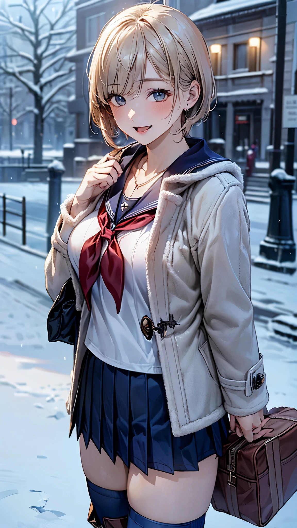 (masterpiece:1.2, top-quality), (realistic, photorealistic:1.4), beautiful illustration, (natural side lighting, movie lighting), nsfw,
looking at viewer, cowboy shot, front view:0.6, 1 girl, japanese, high school girl, perfect face, cute and symmetrical face, shiny skin,
(short hair:1.5, pixie cut:1.4, blond hair), bangs pinned back, red eyes, long eye lasher, (large breasts:0.6, seductive thighs),
beautiful hair, beautiful face, beautiful detailed eyes, beautiful clavicle, beautiful body, beautiful chest, beautiful thigh, beautiful legs, beautiful fingers,
(((gray duffle coat), ((long sleeves)), all navy sailor suit, navy pleated skirt, navy sailor collar, red sailor scarf, thigh-highs, short boots), school bag, cross necklace),
(lovely smile, upper eyes, open mouth), walking,
(beautiful scenery), winter, dawn, hokkaido, sapporo, outside hokkaido shrine, lots of worshippers, snow, snowfall:1.5, freezing weather, frost,
