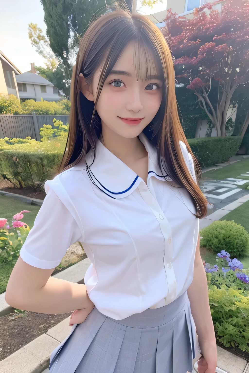 pieces fly、masterpiece、highest quality、Super detailed、High resolution、High resolution、8K portrait、unity 8k wallpaper、Detailed CG、unity 8k wallpaper、Detailed CGユニティ8kの壁紙、realistic、real person、portrait photography、shiny skin、(25 years old:1.2)、High resolution、beautiful clear eyes、very detailed explanation、delicate face、nice lips、thin waist、thin legs、1 girl、(garden:1.3)、(shirt, serafuku, crew_collar, alone, white shirt, school uniform, navy pleated skirt, collared shirt)、(big smile:1.2)、(take a pose:1.4)、(flat chest:1.4)