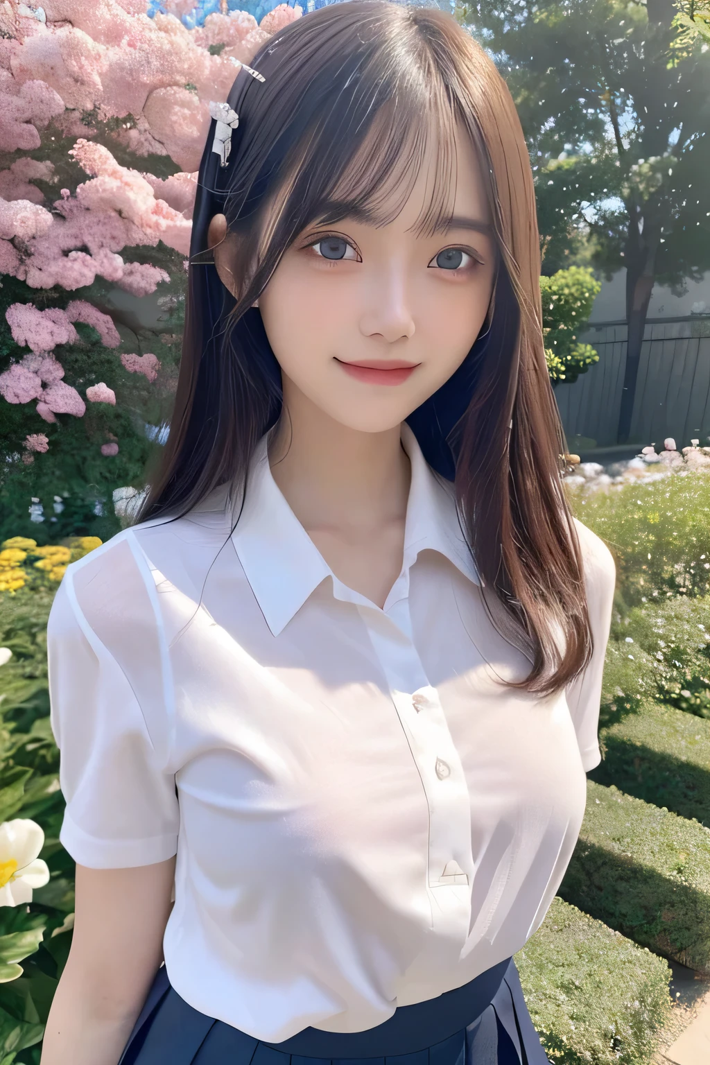 pieces fly、masterpiece、highest quality、Super detailed、High resolution、High resolution、8K portrait、unity 8k wallpaper、Detailed CG、unity 8k wallpaper、Detailed CGユニティ8kの壁紙、realistic、real person、portrait photography、shiny skin、(25 years old:1.2)、High resolution、beautiful clear eyes、very detailed explanation、delicate face、nice lips、thin waist、thin legs、1 girl、(garden:1.3)、(shirt, serafuku, crew_collar, alone, white shirt, school uniform, navy pleated skirt, collared shirt)、(big smile:1.2)、(take a pose:1.4)、(flat chest:1.4)