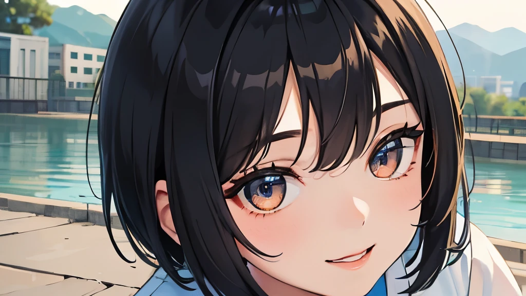 Hair is black、energetic high school student、18old girl、hair cut short、cute、In summer clothes、smile、at school、school gate、evening、riverbed、Sitting on the bank、close up of face