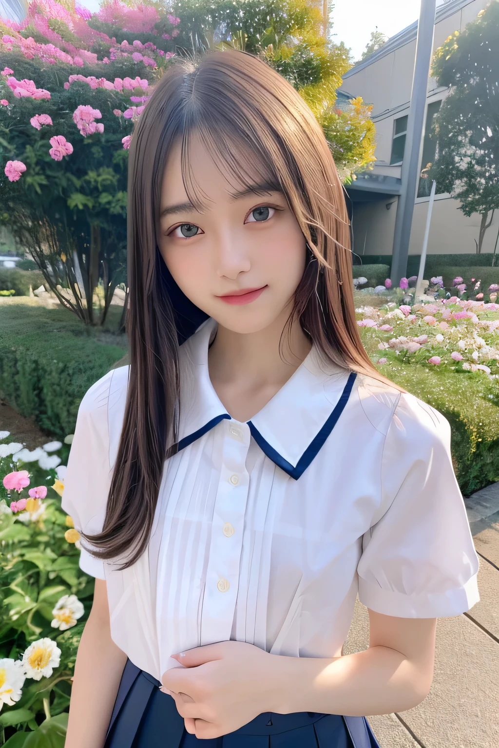 pieces fly、masterpiece、highest quality、Super detailed、High resolution、High resolution、8K portrait、unity 8k wallpaper、Detailed CG、unity 8k wallpaper、Detailed CGユニティ8kの壁紙、realistic、real person、portrait photography、shiny skin、(25 years old:1.2)、High resolution、beautiful clear eyes、very detailed explanation、delicate face、nice lips、thin waist、thin legs、1 girl、(garden:1.3)、(shirt, serafuku, crew_collar, alone, white shirt, school uniform, navy pleated skirt, collared shirt)、(smile:1.2)、(take a pose:1.4)、(flat chest:1.4)