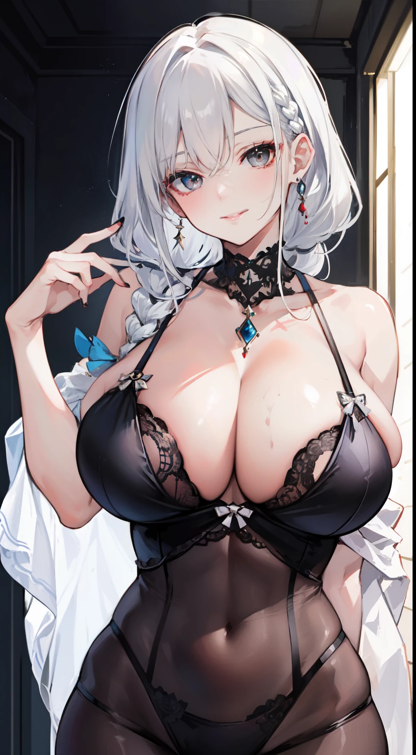 "4k, deep dark ruin without light, there's a elegant mature woman, White Hair, half braided hair, black eyes, huge breast lingerie, she look cool, she have seductive smile."