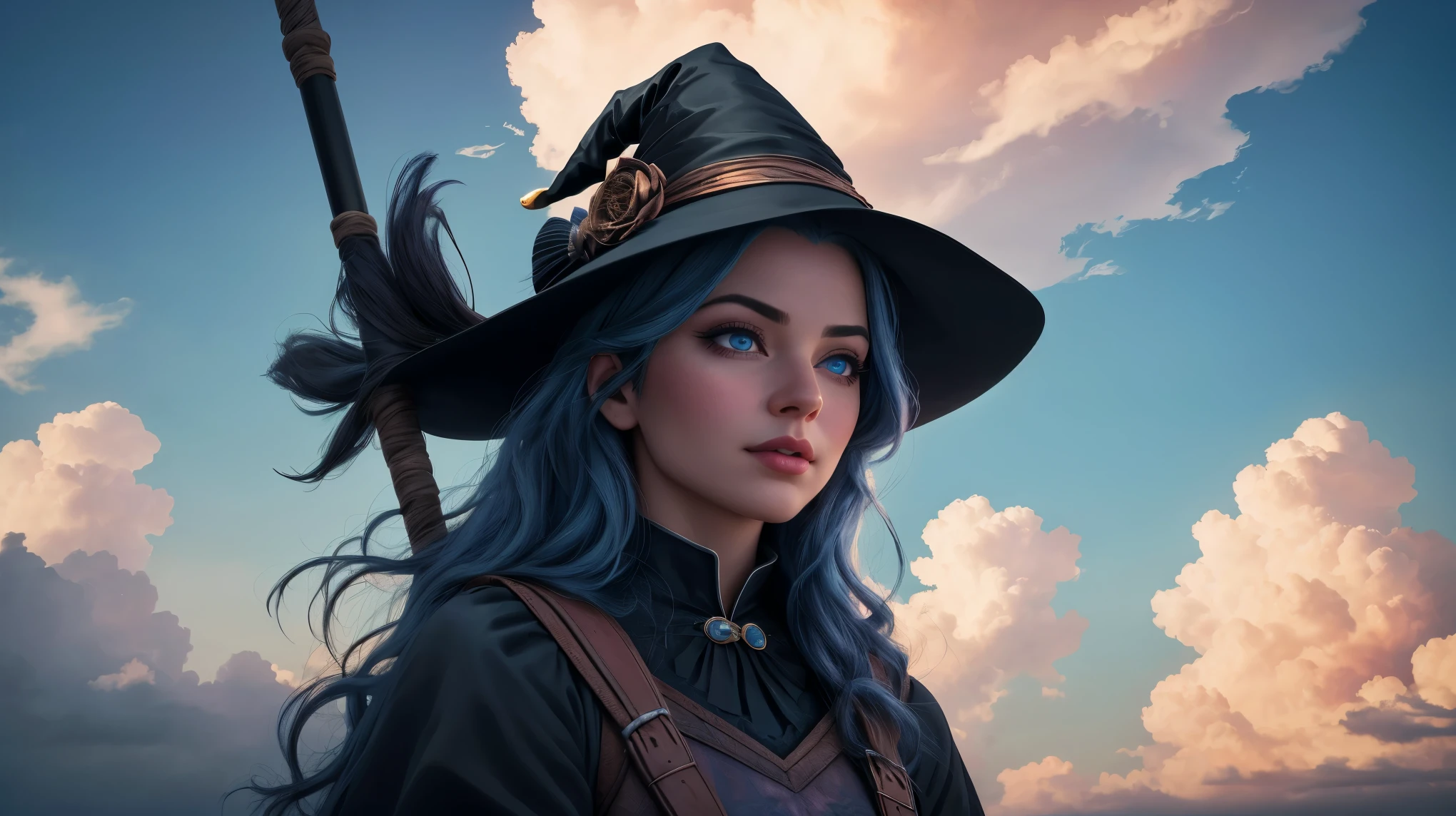 Witch side-sitting on a magical broom flying, majestic ascent, beautiful detailed eyes, beautiful detailed lips, extremely detailed eyes and face, long eyelashes, (best quality,4k,8k,highres,masterpiece:1.2), ultra-detailed, (realistic,photorealistic,photo-realistic:1.37), enchanting skyward journey, magical broomstick ride, whimsical side posture, mystical aerial display, wonderful cloud-filled sky, thrilling ride amongst clouds.
