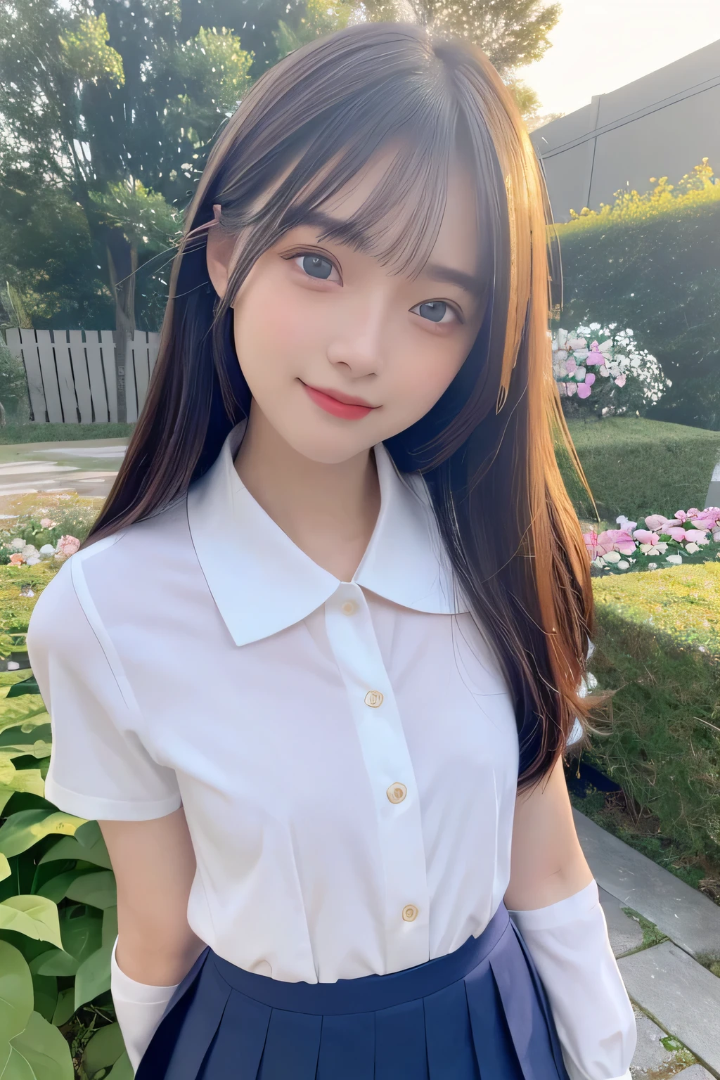 pieces fly、masterpiece、highest quality、Super detailed、High resolution、High resolution、8K portrait、unity 8k wallpaper、Detailed CG、unity 8k wallpaper、Detailed CGユニティ8kの壁紙、realistic、real person、portrait photography、shiny skin、(25 years old:1.2)、High resolution、beautiful clear eyes、very detailed explanation、delicate face、nice lips、thin waist、thin legs、1 girl、(garden:1.3)、(shirt, serafuku, crew_collar, alone, white shirt, school uniform, pleated skirt, collared shirt)、(big smile:1.2)、(take a pose:1.4)、(flat chest:1.4)