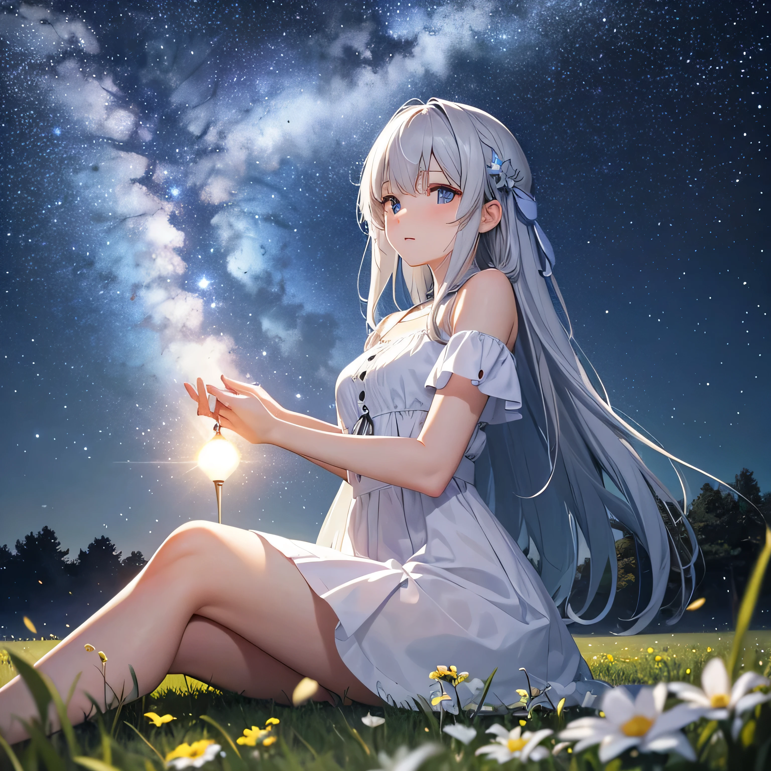 starry sky,grassland,A 20-year-old girl in a short white dress is sitting under a tree,少女はstarry skyを見上げた,longing,night,Distant view -- automatic