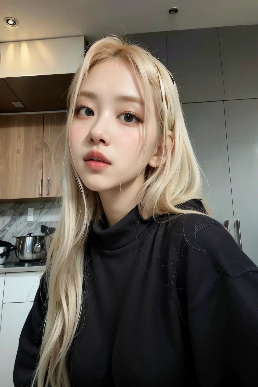blonde woman with long hair and black top in the kitchen with stove, parque roseanne de blackpink, cabelo loiro muito claro, portrait of Roseanne Park do blackpink, com cabelos longos brancos, Roseanne Park, com longos cabelos brancos, cl, cabelo loiro extremamente claro, her hair is white, Roseanne Park do blackpink, coreana, uma garota com cabelo loiro