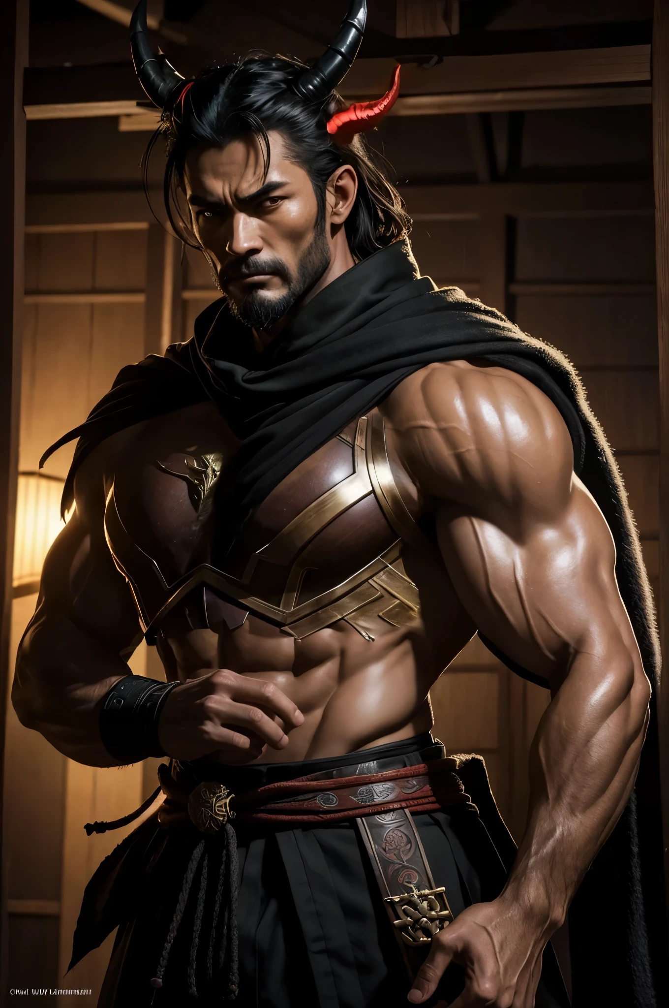 8K,(40 year old makai samurai)、four-horned demon god,solo、macho body covered with muscles,Fearless Men,Horribly ripped abs,brown and black light armor,Light brown and black equipment,black hair,brown and black combat pants,Devil makeup,magnificent artwork、((Kyoto panel painting style))、薄暗い広いInside the caveホール,Inside the cave,Photorealistic RAW photos of the highest quality。bright colors,rich colors, Backlight, cinematic lighting, film grain, to be born, 50mm lens, Nikon D850,realistic skin,fantasy art,character art,ultra high resolution,realistic skin,