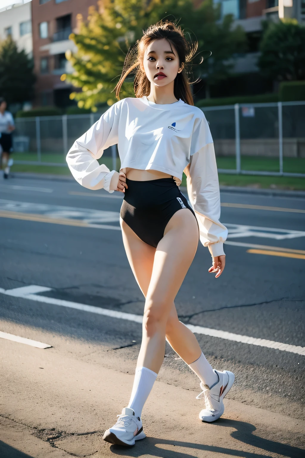 Long-sleeved tights,Short socks,sports shoes,taking a walk,((best quality)), ((masterpiece)), (detailed), perfect face