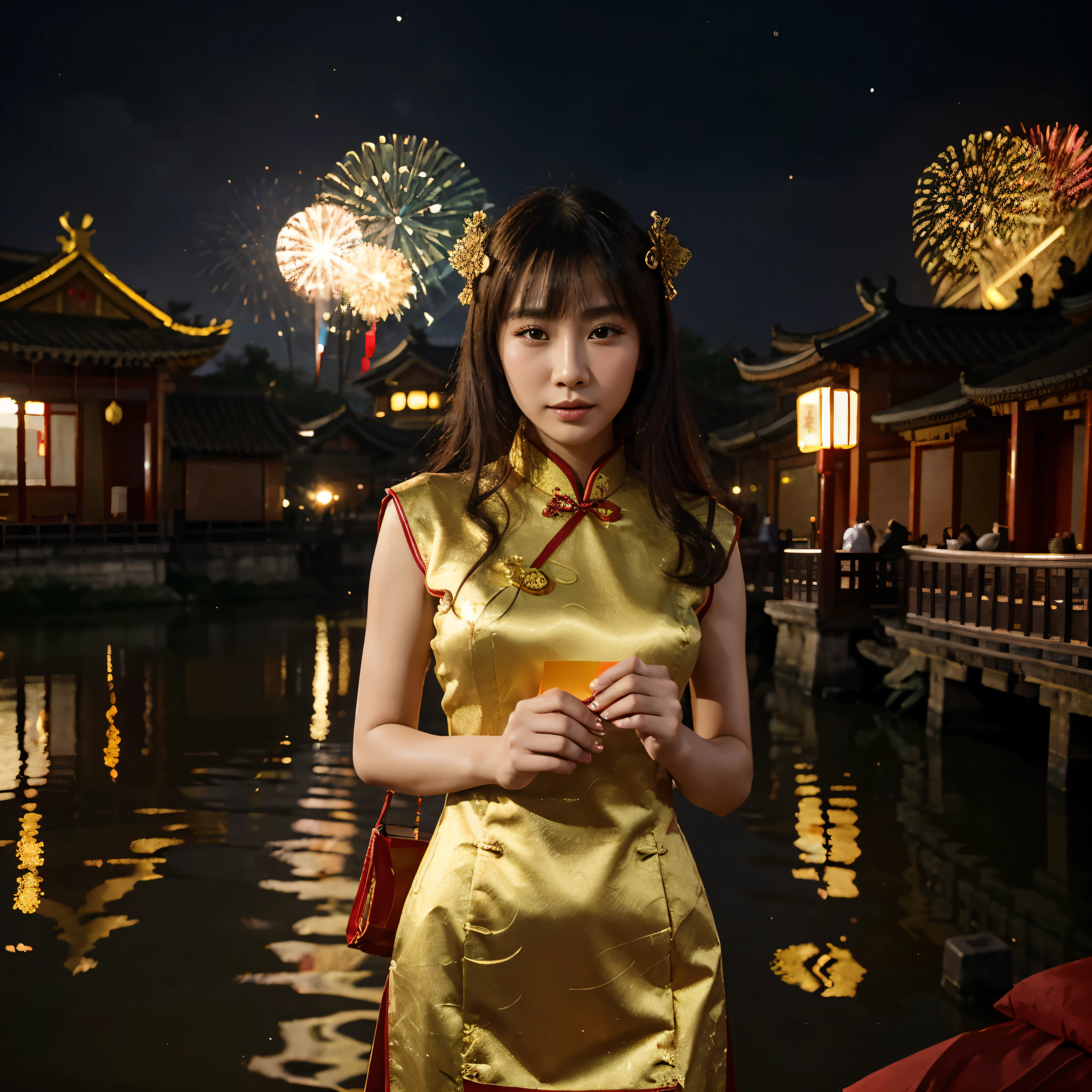 Huang Shengyi, Beautiful Chinese girl, Wearing a cheongsam decorated with gold. She held a red envelope and stood on the riverside of an ancient Chinese village.. Amidst the atmosphere of celebrating Chinese New Year at night under the moonlight with fireworks and firecrackers.. There was a graceful golden dragon flying across the sky.. Realistic high resolution images 