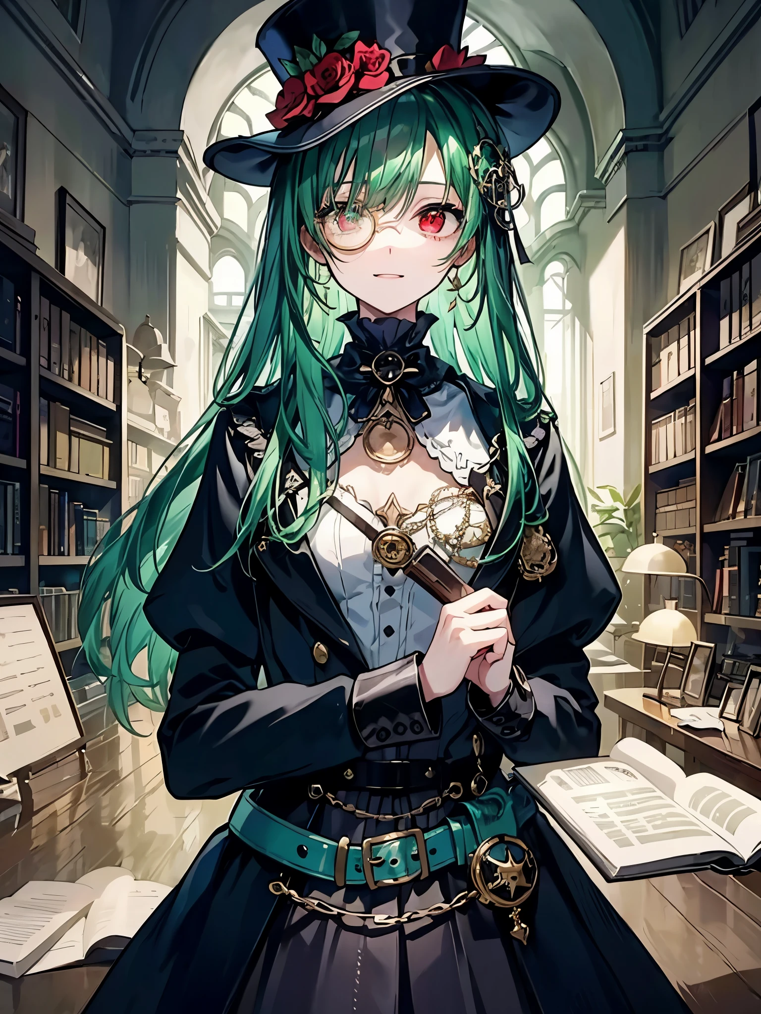 (((masterpiece、Highest image quality、highest quality、highly detailed unity 8kwallpaper)))、((Illustration of one girl、upper body))、(((beautiful girl)))、(librarian)、(Emerald green hair、messy hair、sidelocks、red eyes、Open pupils、crazy smile:1.4)、(((flat chest)))、(((monocle)))、pocket watch、(((Black top hat、Black tuxedo、belt)))、great medieval library、Large amount of books、dimly lit room