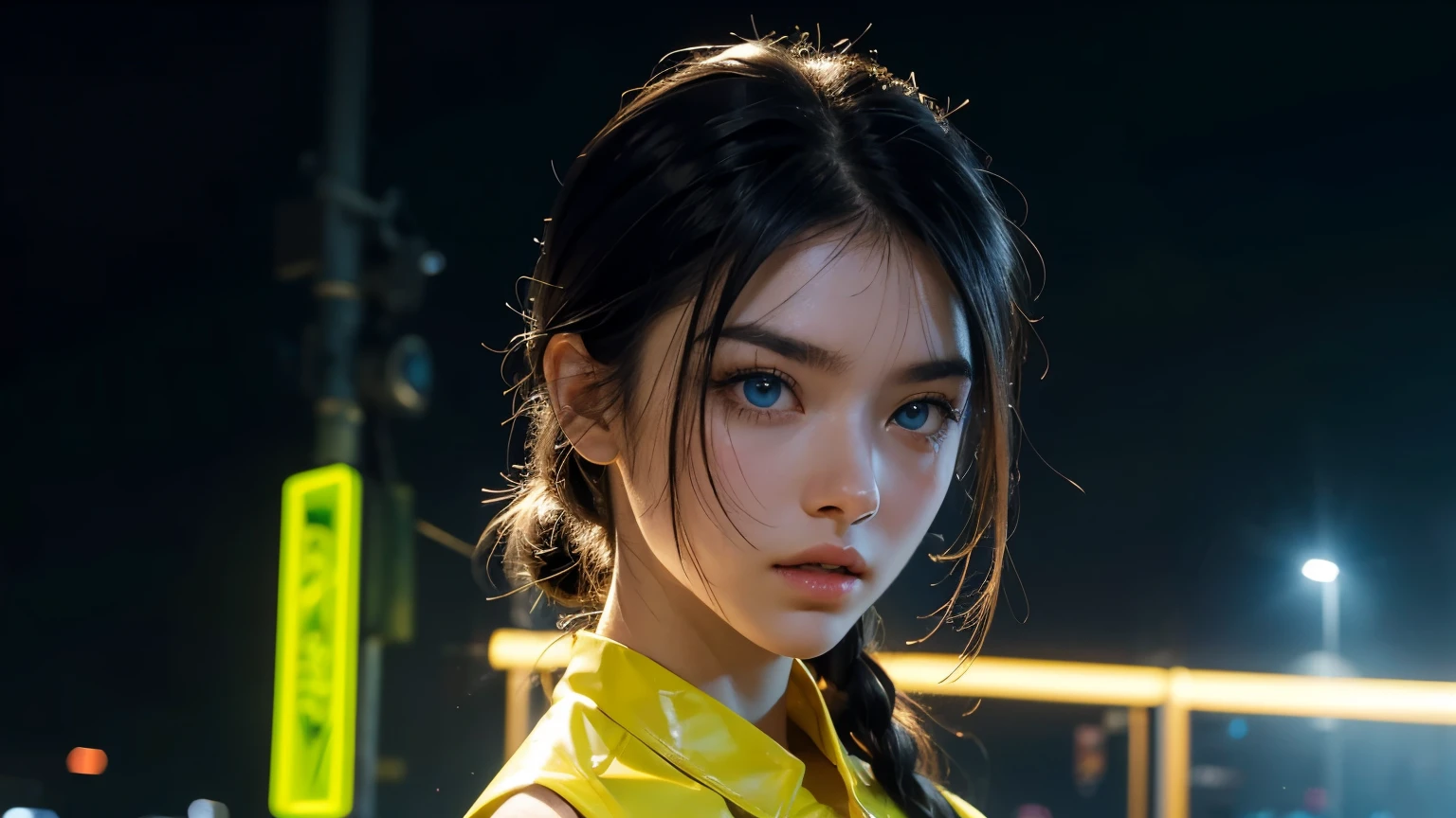 4K, A high resolution, Best quality at best, masterpiece, perfect colors, perfect shadow, perfect litthing, ((sportrait)), 1woman, fit-muscled body, bright yellow eyes,dark blue hair , blue eyes, With round lenses, The audience watched carefully, (s face: 1.2), Perfect female figure, ((standing)), (( neon yellowTight crop top neon yellow latex suit)), ((shy and looking at viewert)), (Perfect thick white eyebrows) Delicate fur, 详细s face, s the perfect face, At a fantasy cyberpunk city , (model pose standing), energetic background, perfect city skyscape, lighting atmosphere, ((Bonifasko lighting)), (The round lenses on his eyes)(詳細な目), Perfect student, face close up