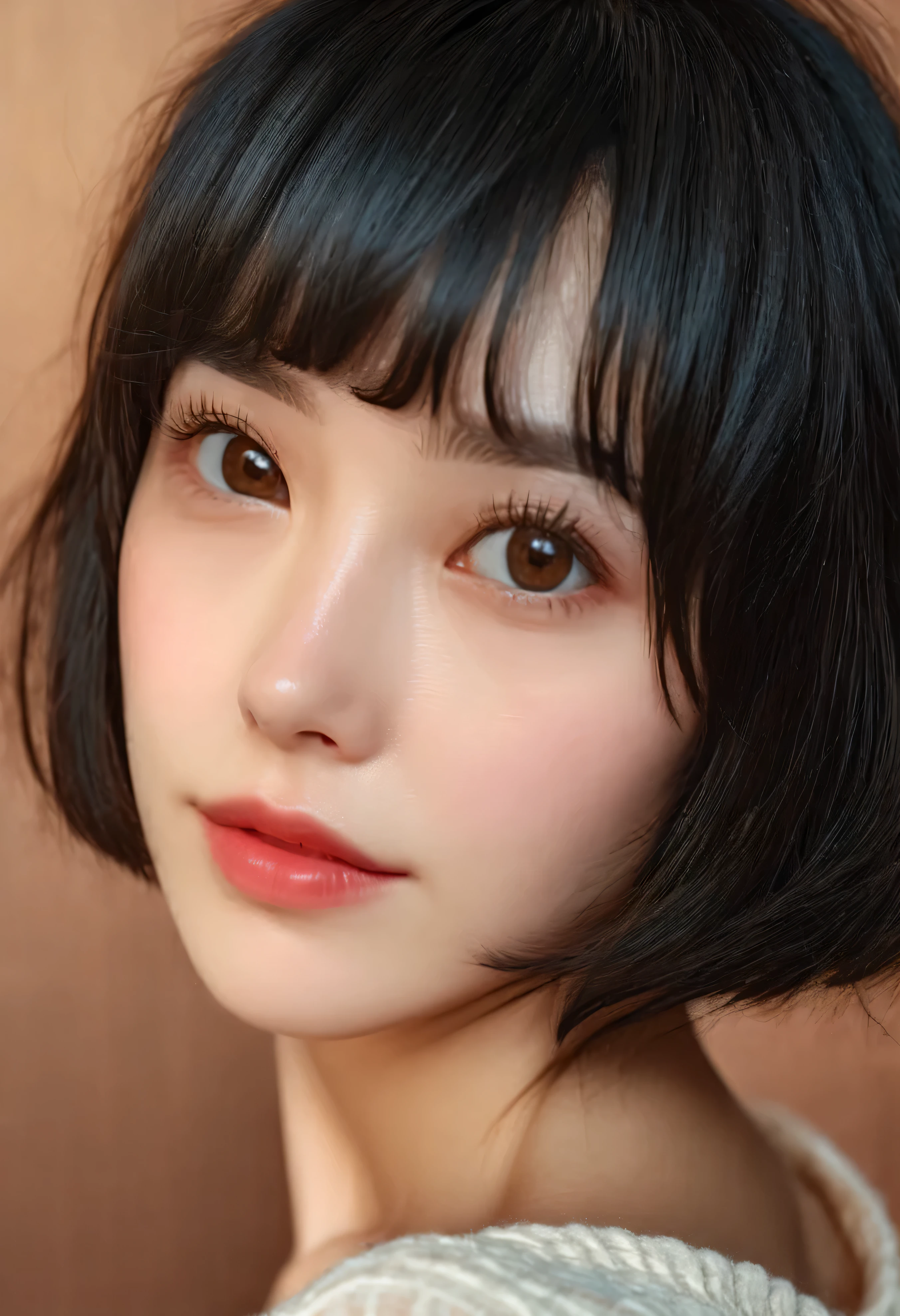 masterpiece,best quality, (delicate skin:1.2), film grain, 32k, original photo,8k ultra high definition,
actual,simple background,
1 girl, short hair , black hair, portrait, miss, brown eyes,