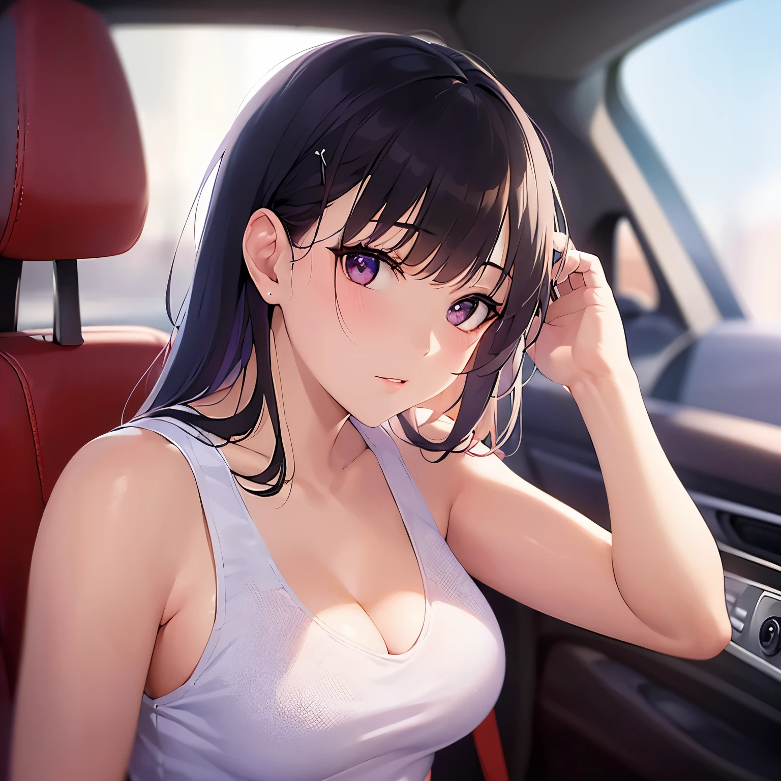 medium shot, side glance, side angle, Realistic, real person, RAW photo, photorealistic, portrait photography, shiny skin, japanese idol、(20 year old woman with purple eyes and black bangs) and (blunt bangs) and (straight midium hair), cleavage, (wearing a white V-neck tank top:1.5)、(sleepy:1.2), Alone、The background is the interior of the car、Sitting in the passenger seat of the car