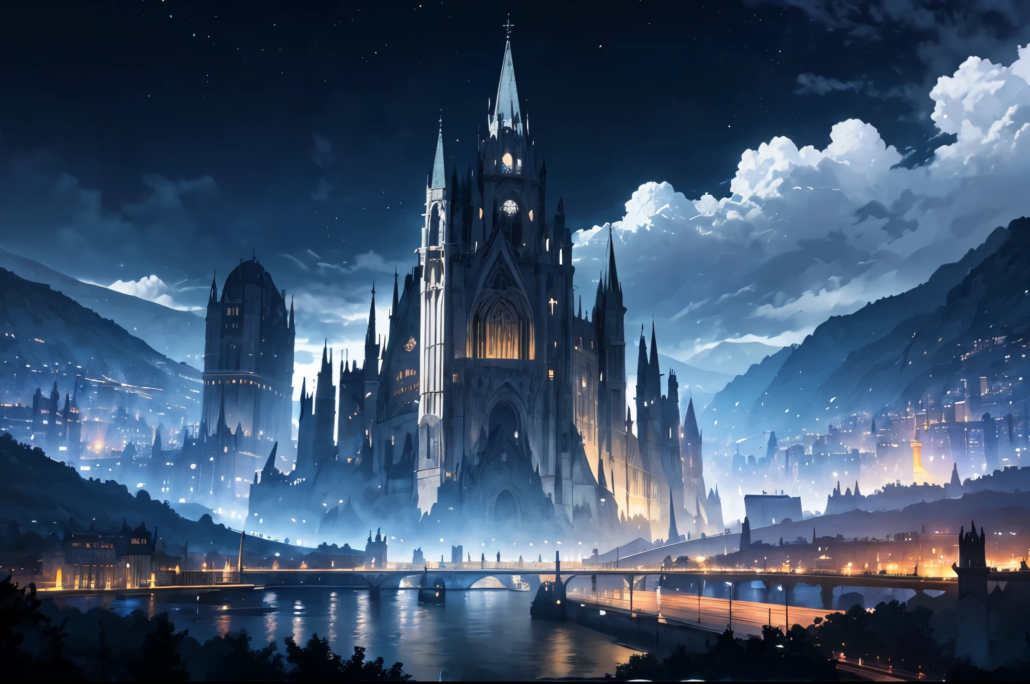 (Black and white marble gothic style building),masterpiece, concept art, panoramic,Close-up of the vista,A huge city on a high mountain,Western fantasy style,Normandy Civilization Style,(The combination of magic and technology,Black and white marble style building), fantasy theme,Western European steel style city on a high mountain,The top of the gray mountain,sky-high tower,Sky,The place where three rivers meet,Sky中的飞龙,Volumetric lighting, global illumination, HD