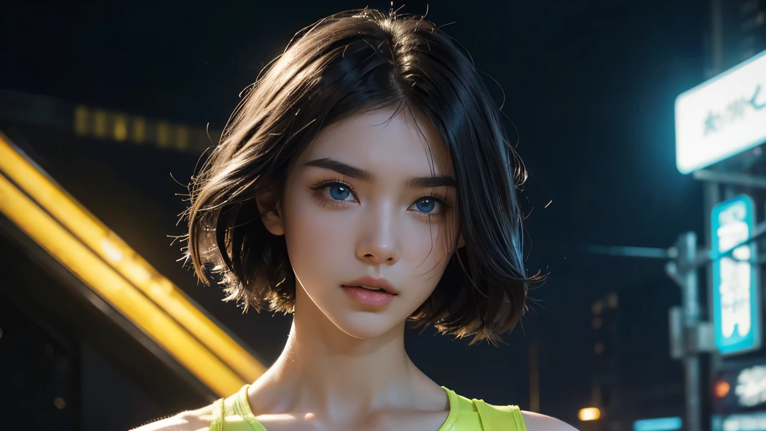 4K, A high resolution, Best quality at best, masterpiece, perfect colors, perfect shadow, perfect litthing, ((sportrait)), 1woman, fit-muscled body, bright yellow eyes,dark blue hair , blue eyes, With round lenses, The audience watched carefully, (s face: 1.2), Perfect female figure, ((standing)), (( neon yellowTight crop top neon yellow latex suit)), ((shy and looking at viewert)), (Perfect thick white eyebrows) Delicate fur, 详细s face, s the perfect face, At a fantasy cyberpunk city , (model pose standing), energetic background, perfect city skyscape, lighting atmosphere, ((Bonifasko lighting)), (The round lenses on his eyes)(詳細な目), Perfect student, face close up