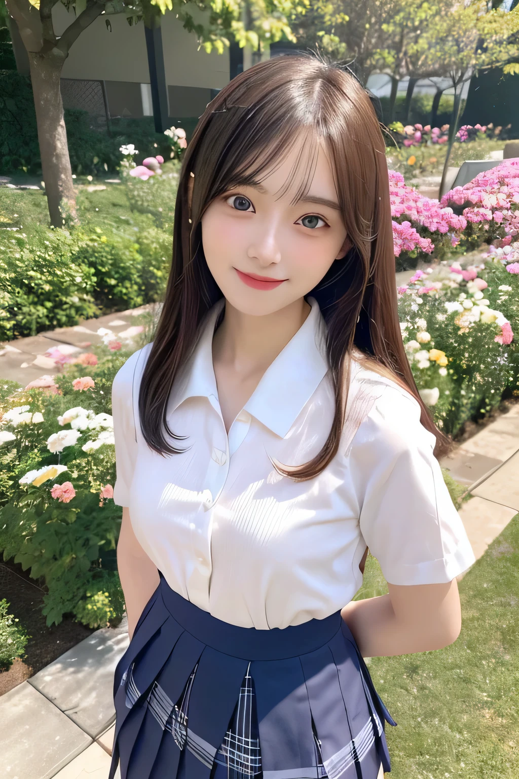 pieces fly、masterpiece、highest quality、Super detailed、High resolution、High resolution、8K portrait、unity 8k wallpaper、Detailed CG、unity 8k wallpaper、Detailed CGユニティ8kの壁紙、realistic、real person、portrait photography、shiny skin、(25 years old:1.2)、High resolution、beautiful clear eyes、very detailed explanation、delicate face、nice lips、thin waist、thin legs、1 girl、(garden:1.3)、(shirt, serafuku, crew_collar, alone, white shirt, school uniform, navy pleated skirt, collared shirt)、(big smile:1.2)、(take a pose:1.4)、(flat chest:1.4)