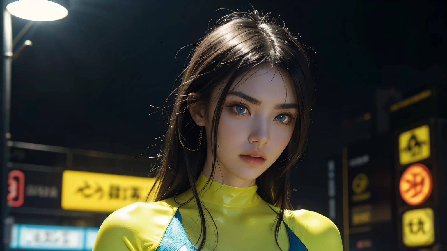 4K, A high resolution, Best quality at best, masterpiece, perfect colors, perfect shadow, perfect litthing, ((sportrait)), 1woman, fit-muscled body, bright yellow eyes,dark blue hair , blue eyes, With round lenses, The audience watched carefully, (s face: 1.2), Perfect female figure, ((standing)), (( neon yellowTight crop top neon yellow latex suit)), ((shy and looking at viewert)), (Perfect thick white eyebrows) Delicate fur, 详细s face, s the perfect face, At a fantasy cyberpunk city , (model pose standing), energetic background, perfect city skyscape, lighting atmosphere, ((Bonifasko lighting)), (The round lenses on his eyes)(詳細な目), Perfect student, face close up