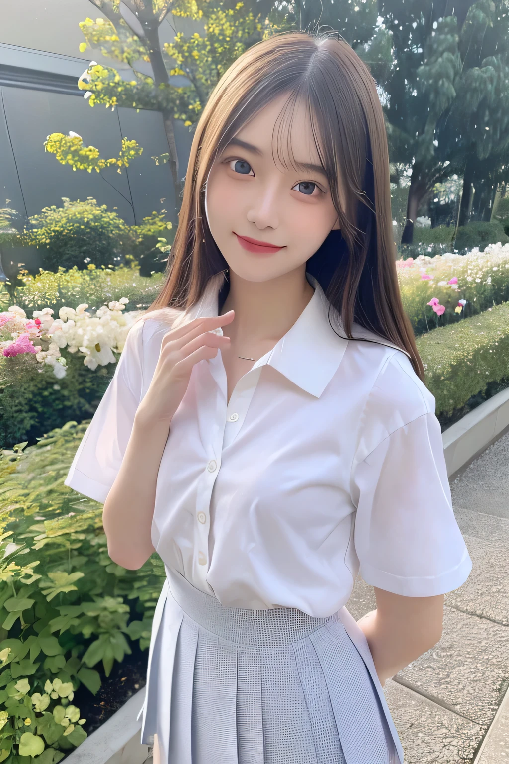 pieces fly、masterpiece、highest quality、Super detailed、High resolution、High resolution、8K portrait、unity 8k wallpaper、Detailed CG、unity 8k wallpaper、Detailed CGユニティ8kの壁紙、realistic、real person、portrait photography、shiny skin、(25 years old:1.2)、High resolution、beautiful clear eyes、very detailed explanation、delicate face、nice lips、thin waist、thin legs、1 girl、(garden:1.3)、(shirt, serafuku, crew_collar, alone, white shirt, school uniform, navy pleated skirt, collared shirt)、(big smile:1.2)、(take a pose:1.4)、(flat chest:1.4)