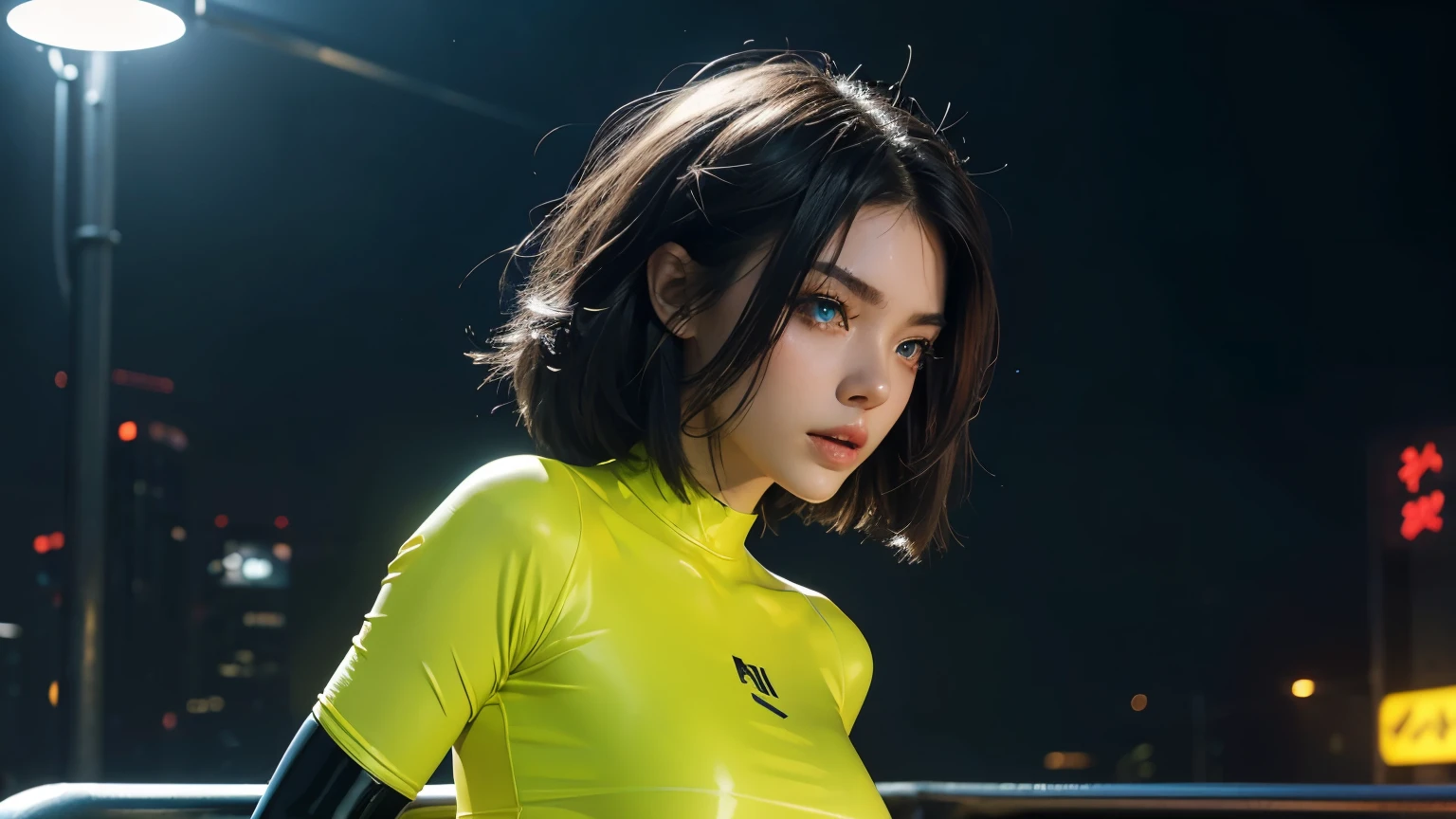 4K, A high resolution, Best quality at best, masterpiece, perfect colors, perfect shadow, perfect litthing, ((sportrait)), 1woman, fit-muscled body, bright yellow eyes,dark blue hair , blue eyes, With round lenses, The audience watched carefully, (s face: 1.2), Perfect female figure, ((standing)), (( neon yellowTight crop top neon yellow latex suit)), ((shy and looking at viewert)), (Perfect thick white eyebrows) Delicate fur, 详细s face, s the perfect face, At a fantasy cyberpunk city , (model pose standing), energetic background, perfect city skyscape, lighting atmosphere, ((Bonifasko lighting)), (The round lenses on his eyes)(詳細な目), Perfect student, face close up
