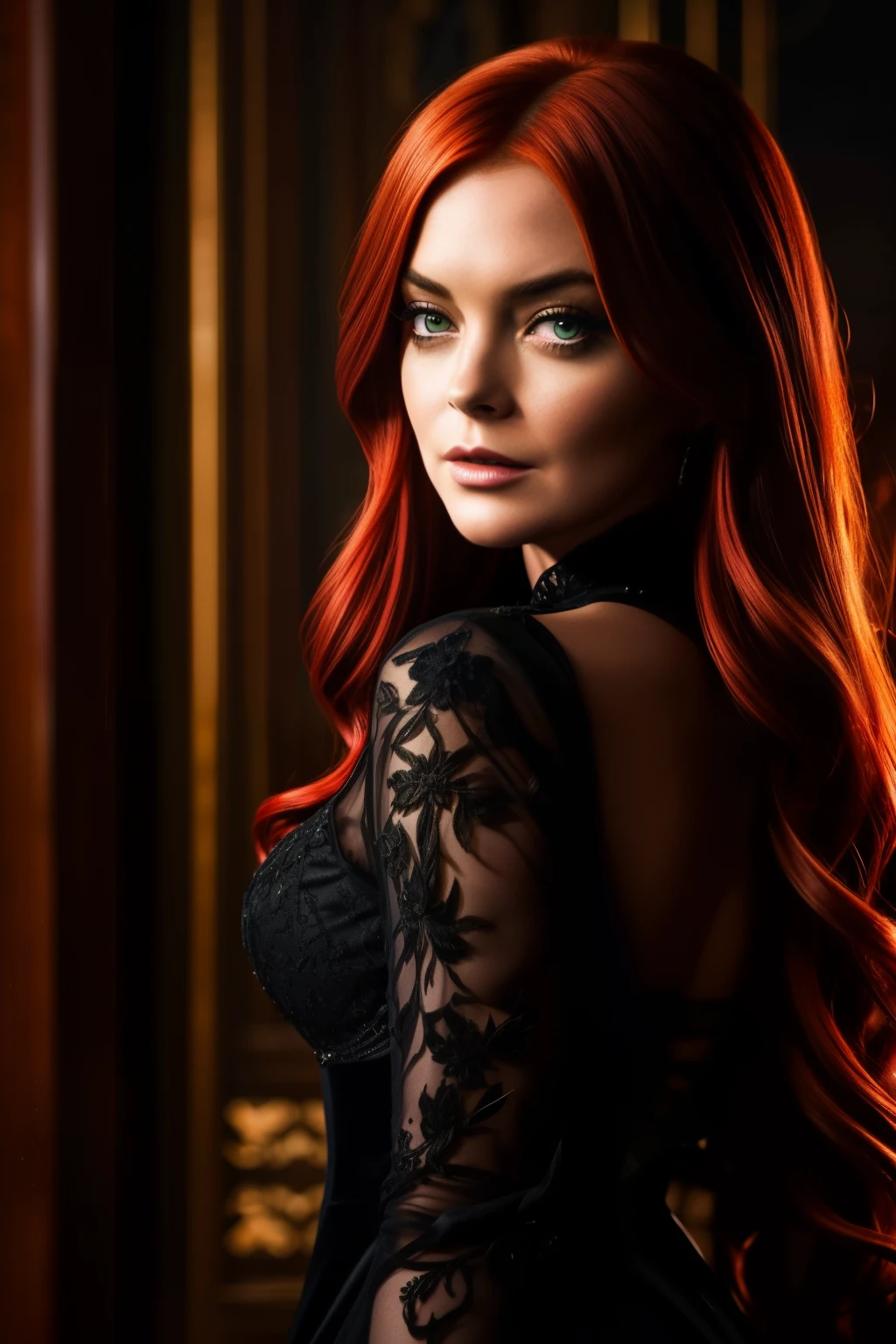 In the enchanting John Wick universe, the alluring Lindsay Lohan transforms into a bewitching figure, radiating an irresistible aura of mystery and seduction. With her fiery red hair cascading down her shoulders, her mesmerizing green eyes gleaming with an otherworldly allure, she embodies the enchantress that every witch tale longs to tell. Her figure, sculpted with a perfect hourglass silhouette, is showcased in the best quality, an 8k masterpiece with sharp focus, captured through a 35mm lens using an f/0.8 aperture. The enchanting scene is further illuminated by