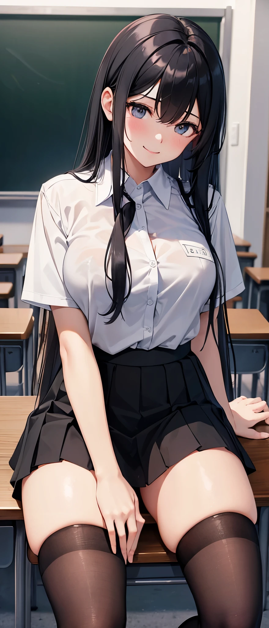 Black long hair , classroom , school uniform , breasts cup c, white shirt, short sleeves, thick thighs , black skirt , black stockings , black high heels,spread legs ,in classroom, , smile , 4k High quality , tall body , perfect body in every way