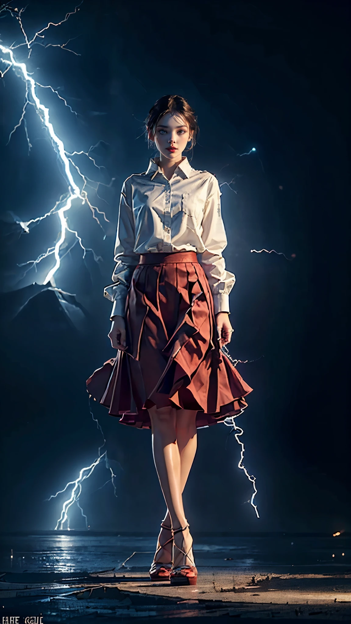 (((red long skirt:1.2))),tomboy,floating,powers,lightning powers,lightning around her,she thor,(white long sleeves shirt),(feet apart:1.2),(arms behind back:1.2),high heels,1 girl,full body, high heels,(short hair:1.1), (realistic:1.7),((best quality)),absurdres,(ultra high res),(photorealistic:1.6),photorealistic,octane render,(hyperrealistic:1.2), (photorealistic face:1.2), (8k), (4k), (Masterpiece),(realistic skin texture), (illustration, cinematic lighting,wallpaper),( beautiful eyes:1.2),((((perfect face)))),(mature),(standing),(black hair),(short hair),blue eyes,red lips, (outdoors),
