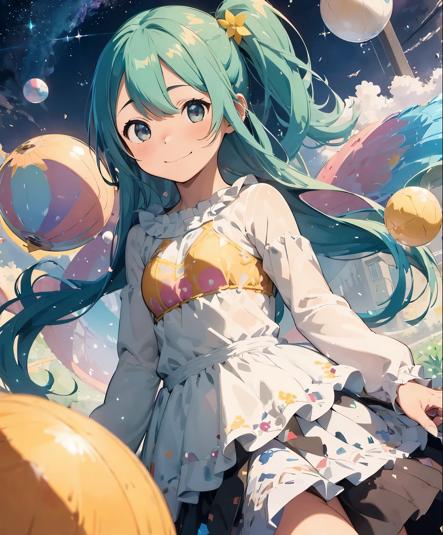 (masterpiece、highest quality、highest quality、official art、beautiful beautiful:1.2)、(1 girl:1.3)Hatsune Miku、beautiful breasts、twin tails、adorable smile、very detailed、(fractal art:1.1)、(colorfulな:1.1), sparkling eyes, golden ratio face, liquid from another world, watercolor, pastel colour, bright colors, Whimsical, colorful, sharp focus, High resolution, small details, ((Layered Tiered Puffy Long Sleeve Ball Gown)), ((round eyes)), rainbow colored bubbles, fantasy background