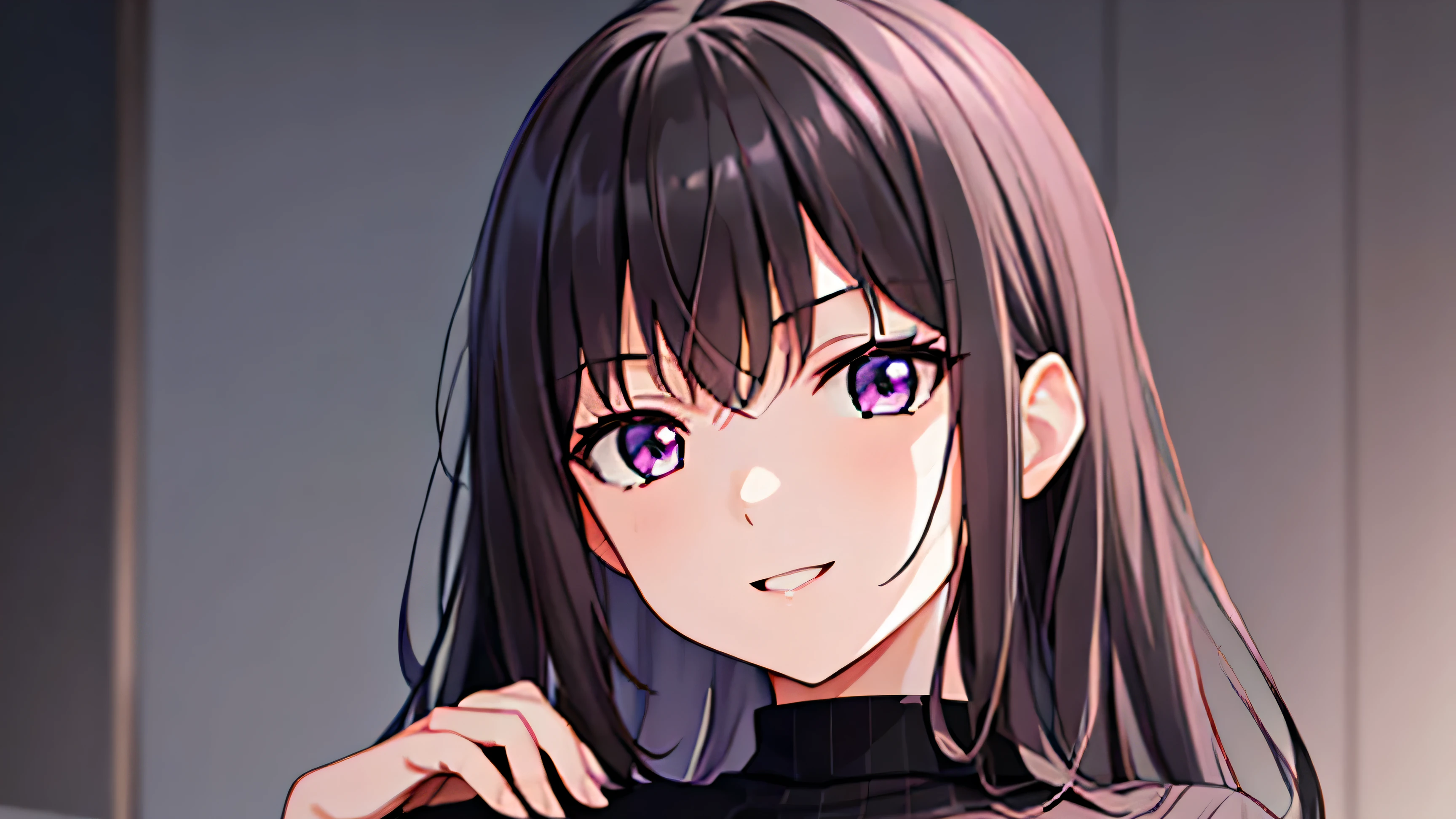 sakamoto_nahida, long hair, ahoge, black medium hair, faint purple eyes, medium breast, casual black outfit, smile, standing, BREAK looking at viewer, BREAK (masterpiece:1.2), best quality, high resolution, unity 8k wallpaper, (illustration:0.8), (beautiful detailed eyes:1.6), extremely detailed face, perfect lighting, extremely detailed CG, (perfect hands, perfect anatomy)