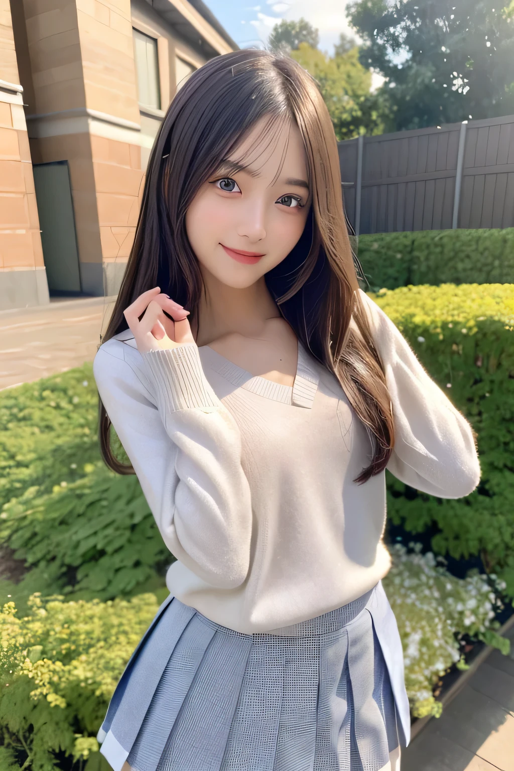 pieces fly、masterpiece、highest quality、Super detailed、High resolution、High resolution、8K portrait、unity 8k wallpaper、Detailed CG、unity 8k wallpaper、Detailed CGユニティ8kの壁紙、realistic、real person、portrait photography、shiny skin、(25 years old:1.2)、High resolution、beautiful clear eyes、very detailed explanation、delicate face、nice lips、thin waist、thin legs、1 girl、(garden:1.3)、(school uniform:1.4)、(sweater:1.2)、(pleated skirt:1.3)、(big smile:1.2)、(take a pose:1.4)、(flat chest:1.4)