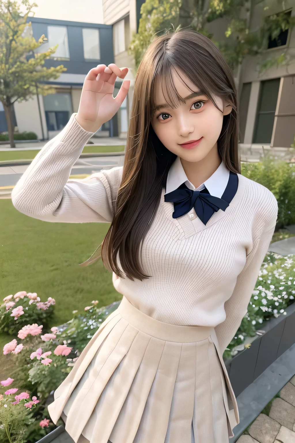 pieces fly、masterpiece、highest quality、Super detailed、High resolution、High resolution、8K portrait、unity 8k wallpaper、Detailed CG、unity 8k wallpaper、Detailed CGユニティ8kの壁紙、realistic、real person、portrait photography、shiny skin、(25 years old:1.2)、High resolution、beautiful clear eyes、very detailed explanation、delicate face、nice lips、thin waist、thin legs、1 girl、(garden:1.3)、(school uniform:1.4)、(sweater:1.2)、(pleated skirt:1.3)、(big smile:1.2)、(take a pose:1.4)、(flat chest:1.4)