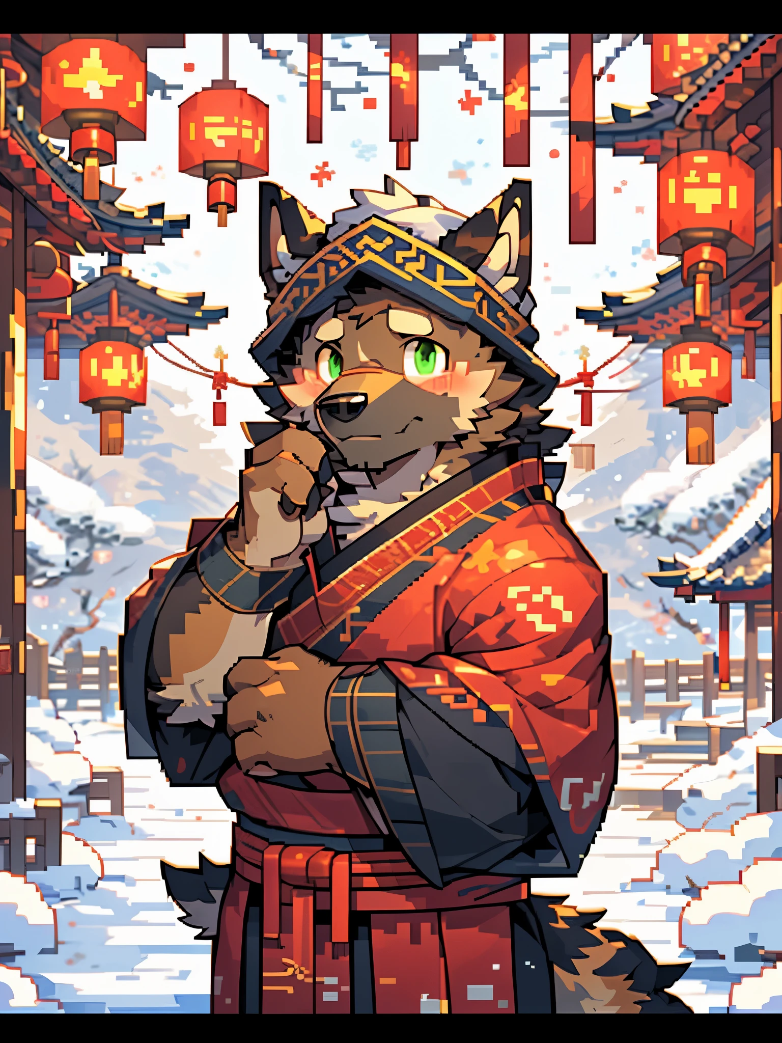 (pixel art), game character, male，clean lines, bright colors，German Shepherd，A puzzled look，no label，Tilt your head，looking directly into the camera，winter clothes，green eyes，Wool cap，Upper body，firecracker，blush，lantern，Spring Festival atmosphere，Chinese-style clothes