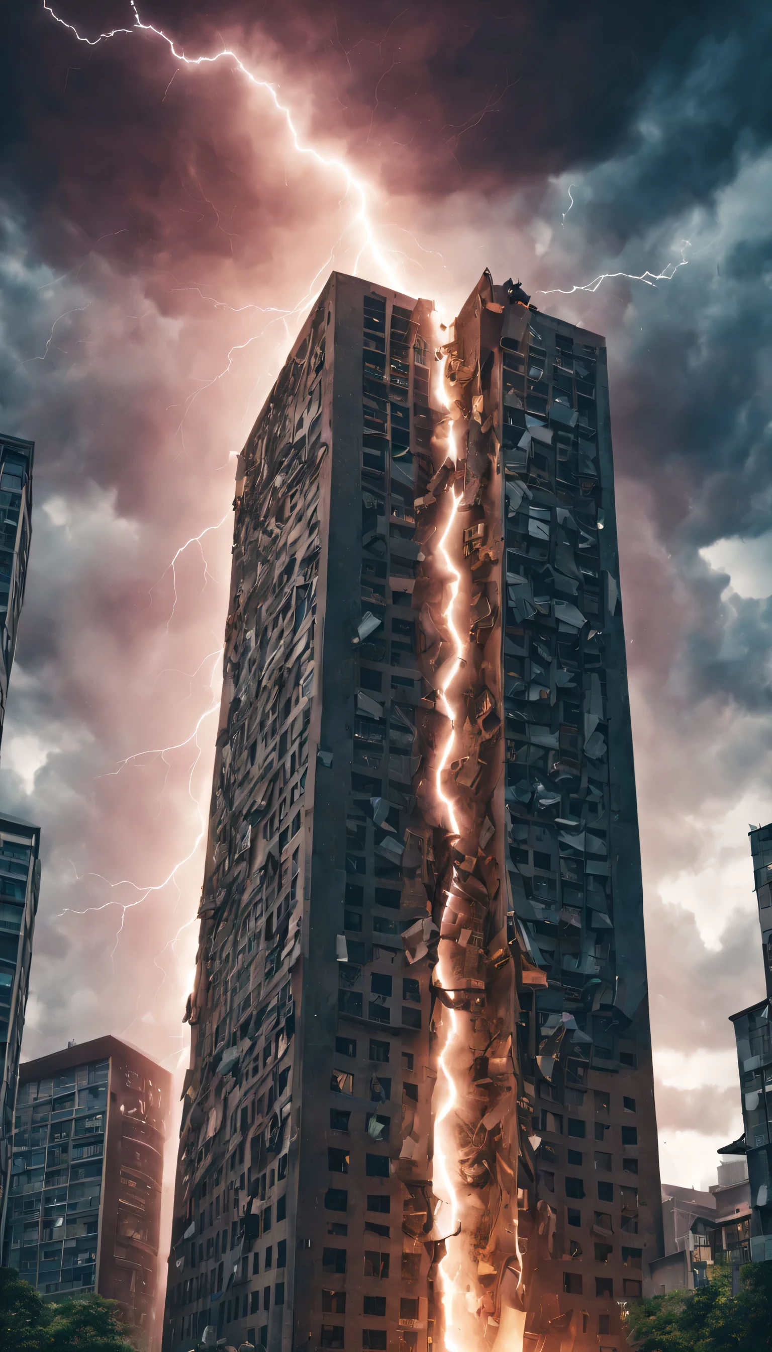 a poster，The picture shows a tall building，lightning money，split the building in half，Crashed