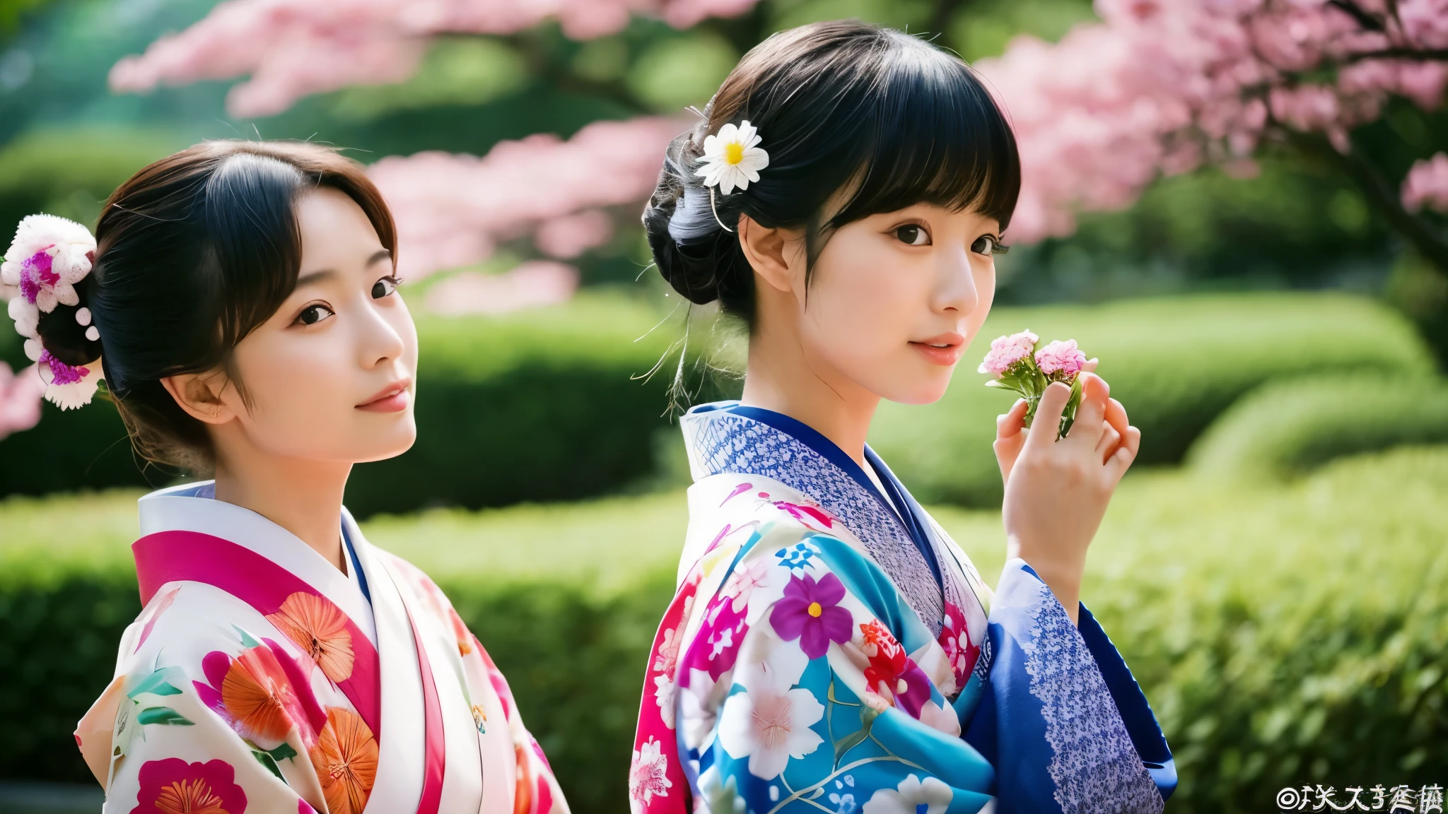 A 23 years old Japanese woman, related with flowers, kimono, classy, シンプルな着物を着ている, elegant, wearing a Kimono, beautiful,Japan,nostalgia,cherry brossam