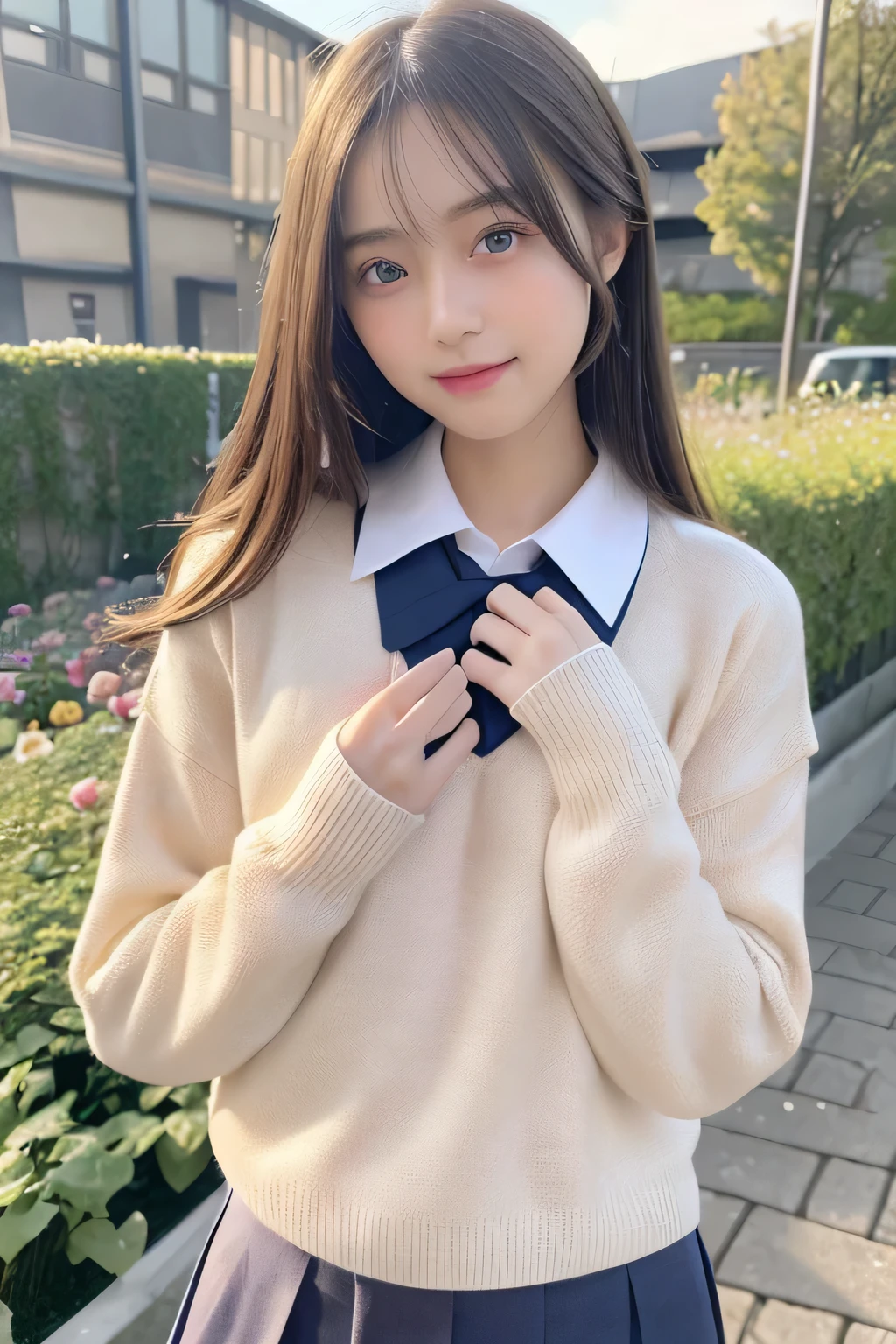 pieces fly、masterpiece、highest quality、Super detailed、High resolution、High resolution、8K portrait、unity 8k wallpaper、Detailed CG、unity 8k wallpaper、Detailed CGユニティ8kの壁紙、realistic、real person、portrait photography、shiny skin、（25 years old:1.2）、High resolution、beautiful clear eyes、very detailed explanation、delicate face、nice lips、thin waist、thin legs、1 girl、(garden:1.3)、(school uniform:1.4)、(cutter shirt:1.2)、(sweater:1.2)、(navy pleated skirt:1.3)、(big smile)、(take a pose:1.4)、(small breasts:1.2)