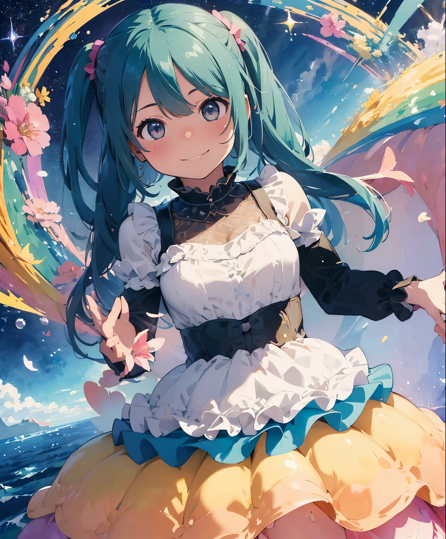 (masterpiece、highest quality、highest quality、official art、beautiful beautiful:1.2)、(1 girl:1.3)Hatsune Miku、beautiful breasts、twin tails、adorable smile、very detailed、(fractal art:1.1)、(colorfulな:1.1), sparkling eyes, golden ratio face, liquid from another world, watercolor, pastel colour, bright colors, Whimsical, colorful, sharp focus, High resolution, small details, ((Layered Tiered Puffy Long Sleeve Ball Gown)), ((round eyes)), rainbow colored bubbles, fantasy background