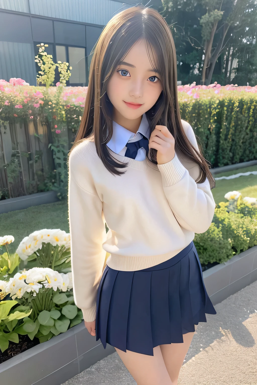 pieces fly、masterpiece、highest quality、Super detailed、High resolution、High resolution、8K portrait、unity 8k wallpaper、Detailed CG、unity 8k wallpaper、Detailed CGユニティ8kの壁紙、realistic、real person、portrait photography、shiny skin、（25 years old:1.2）、High resolution、beautiful clear eyes、very detailed explanation、delicate face、nice lips、thin waist、thin legs、1 girl、(garden:1.3)、(school uniform:1.4)、(sweater:1.2)、(smile)、(take a pose:1.2)、(flat chest:1.2)