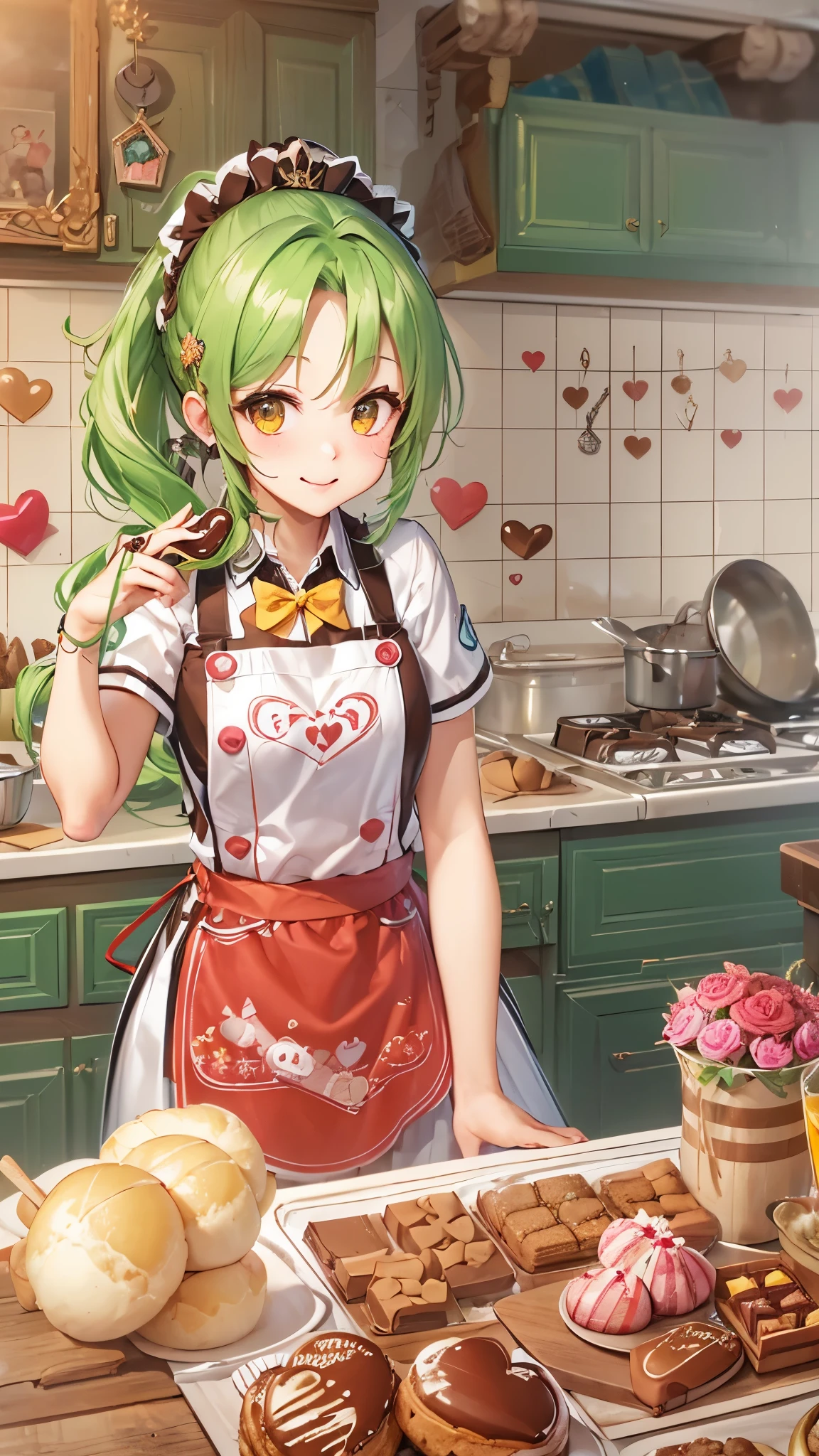 ((how to make valentine's chocolate)) in the kitchen, (one ponytail green hair long hair (cute ax warrior girl) cute yellow eyes) 14 yo surprised:1.4 smile, in a cute apron, (masterpiece:1.2, best quality, 8k, beautiful detailed grow).