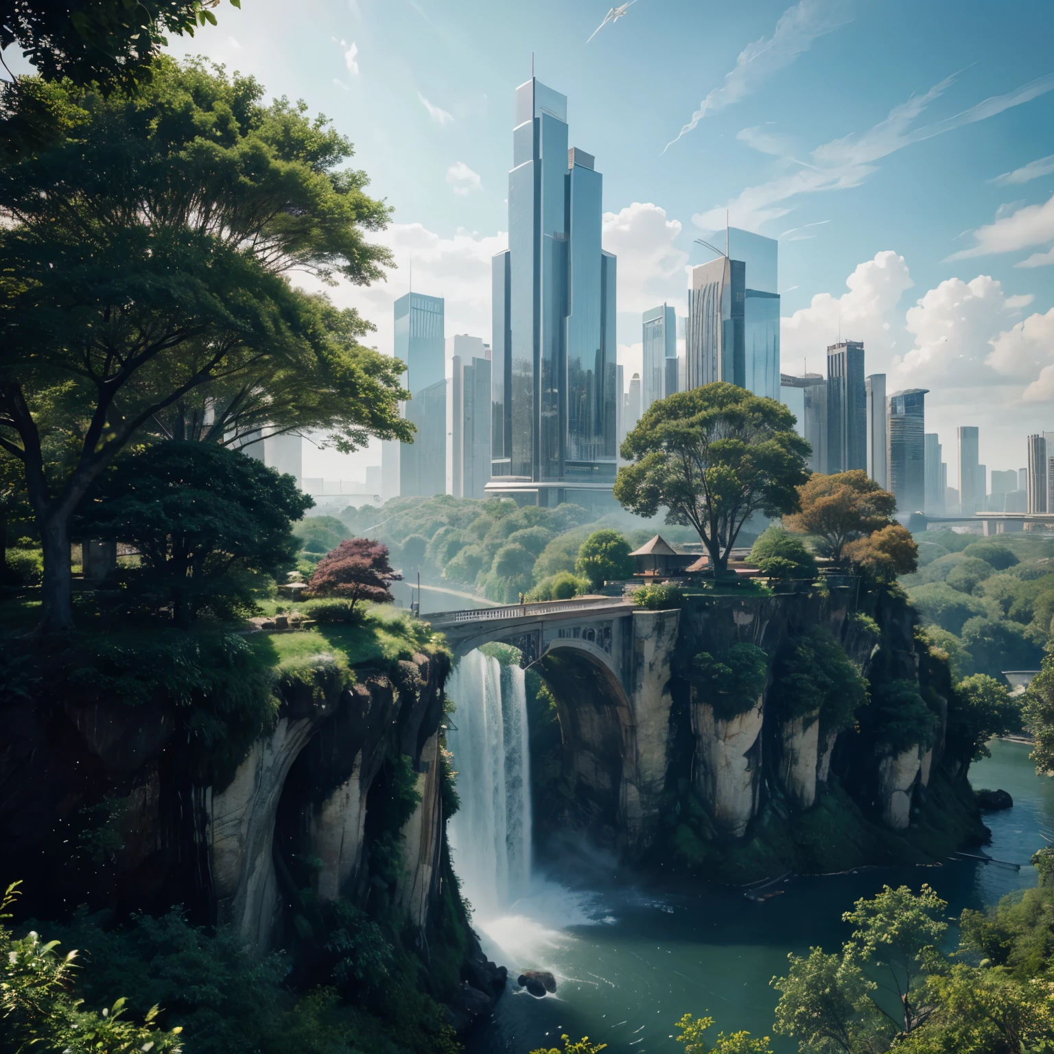 "Use artificial intelligence to generate an image of a fantastical city with maximum quality and advanced levels of detail. Apply a cinematic style to the image, with vibrant colors and a mysterious atmosphere. The city should have unique architectural elements, such as futuristic skyscrapers, suspended bridges, and hanging gardens. Also, add fantastical elements like dragons flying in the sky, floating waterfalls, and giant trees. Ensure that the image conveys a sense of wonder and adventure. Use artificial intelligence to enhance the details of the image, making it as realistic as possible. Upon completion, ensure that the image has high-quality resolution and is suitable for use in artistic and visual projects."