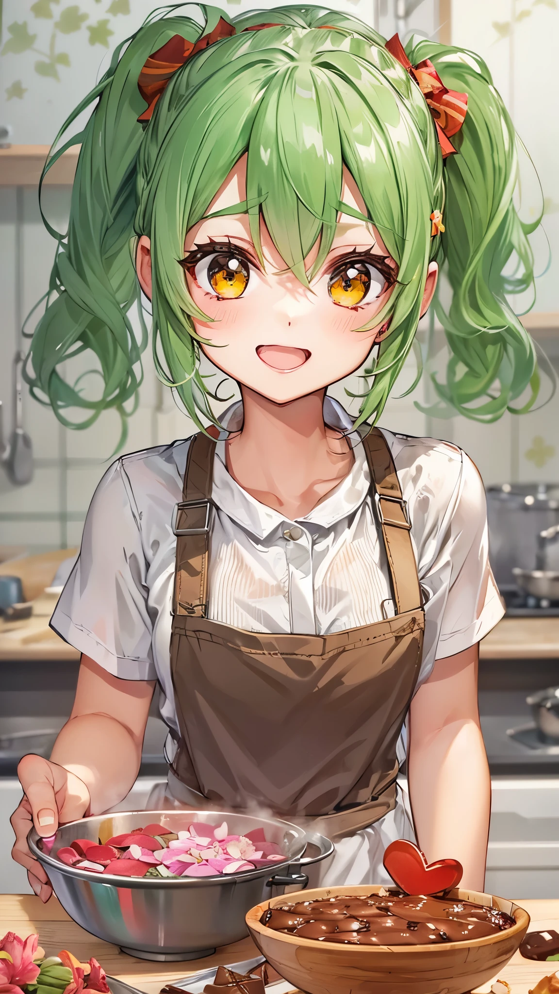 ((how to make valentine's chocolate)) in the kitchen, (one ponytail green hair long hair (cute ax warrior girl) cute yellow eyes) 14 yo surprised:1.4 smile, in a cute apron, (masterpiece:1.2, best quality, 8k, beautiful detailed grow).