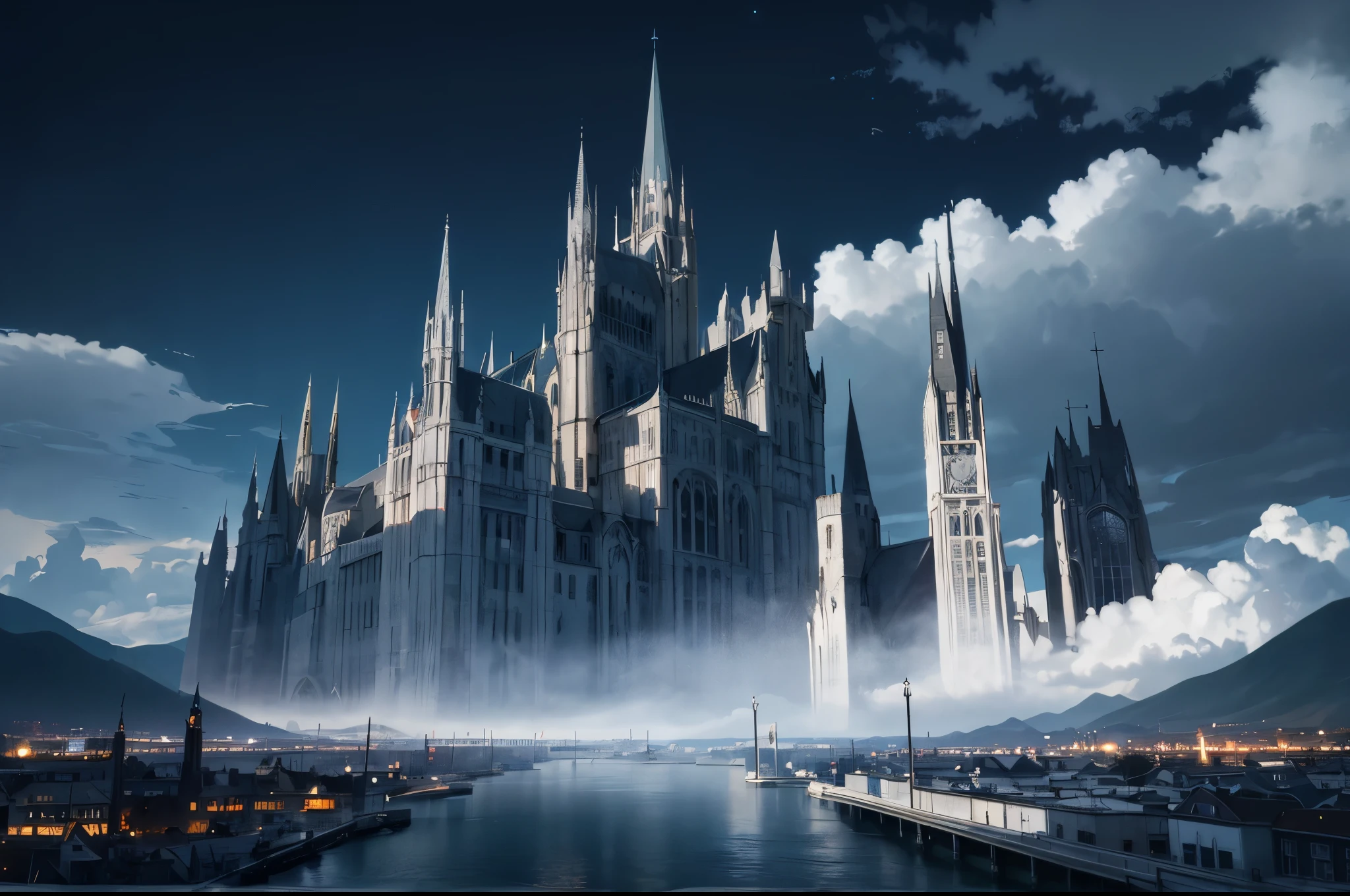 (Black and white marble gothic style building),masterpiece, concept art, panoramic,Close-up of the vista,高山上的超大City,Western fantasy style,Normandy Civilization Style,(The combination of magic and technology,Black and white marble style building), fantasy theme,Western European steel style city on a high mountain,The top of the gray mountain,City,Sky,The place where three rivers meet,Sky中的飞龙,Volumetric lighting, global illumination, HD