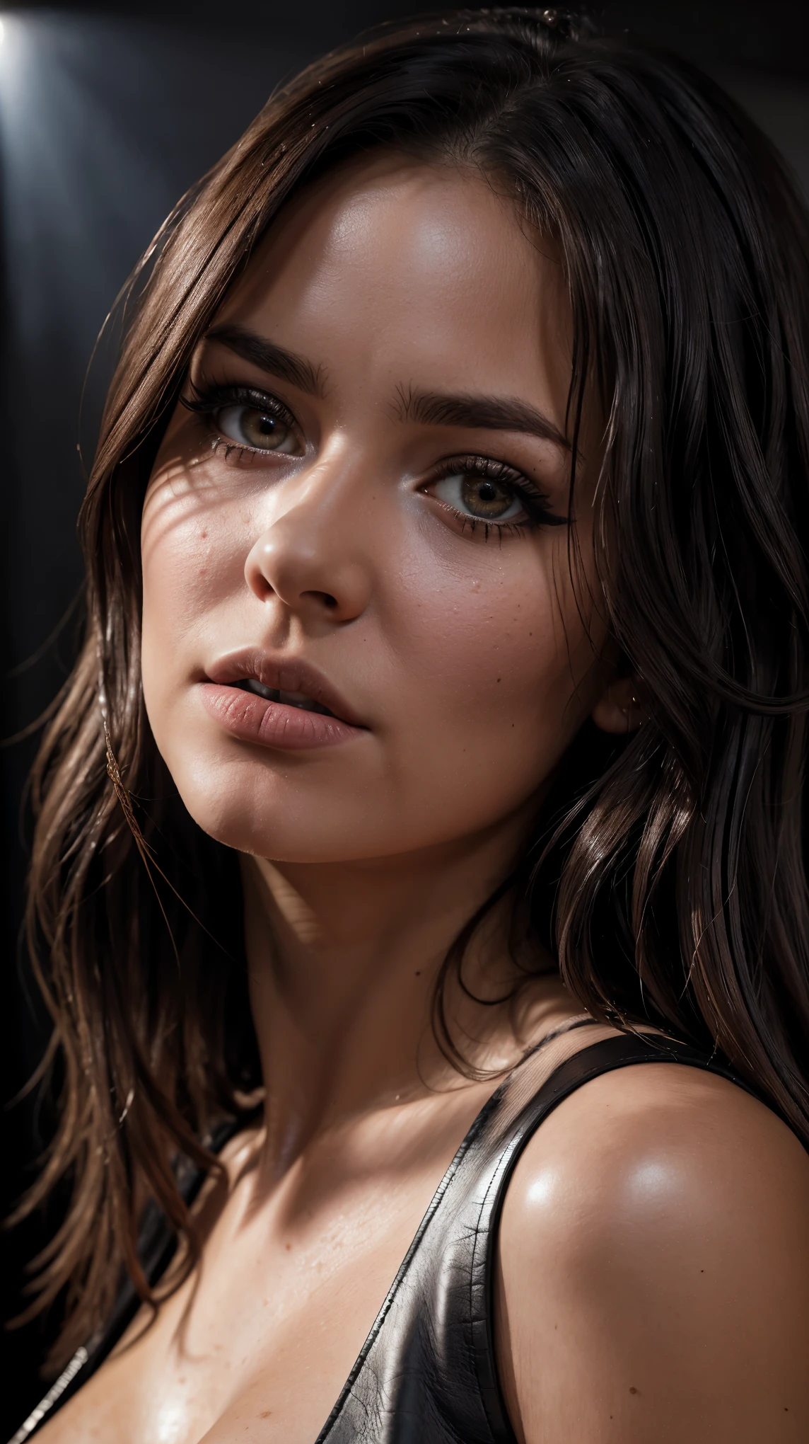 ((photorealistic))), Photo, 32K, UDR, (Ultra detailed face and eyes: 1.3), 1 girl, in an unbuttoned blouse, (Eye makeup, mascara), long eyelashes, (large detailed lips), (Dark wavy hair), large heavy breasts, (eye detail:1, 2), (ultra detailed leather: 1.3). Photo session in a dark studio, (contour lighting), The play of light and shadows), Shallow depth of field, bokeh. Warm atmosphere of the frame. (Dull color scheme), (Photoграфия по пояс), ((granularity)), Glare, ultra-detailed