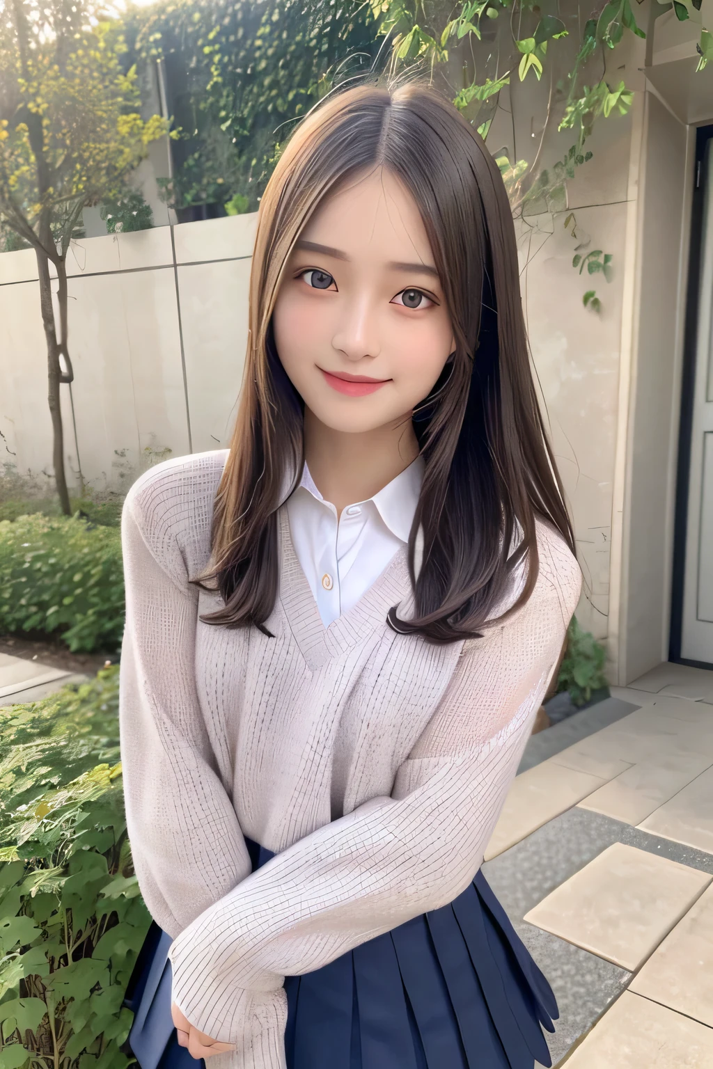 pieces fly、masterpiece、highest quality、Super detailed、High resolution、High resolution、8K portrait、unity 8k wallpaper、Detailed CG、unity 8k wallpaper、Detailed CGユニティ8kの壁紙、realistic、real person、portrait photography、shiny skin、(25 years old:1.2)、High resolution、beautiful clear eyes、very detailed explanation、delicate face、nice lips、thin waist、thin legs、1 girl、(garden:1.3)、(school uniform:1.4)、(cutter shirt:1.2)、(sweater:1.2)、(navy pleated skirt:1.3)、(big smile:1.2)、(take a pose:1.4)、(flat chest:1.4)
