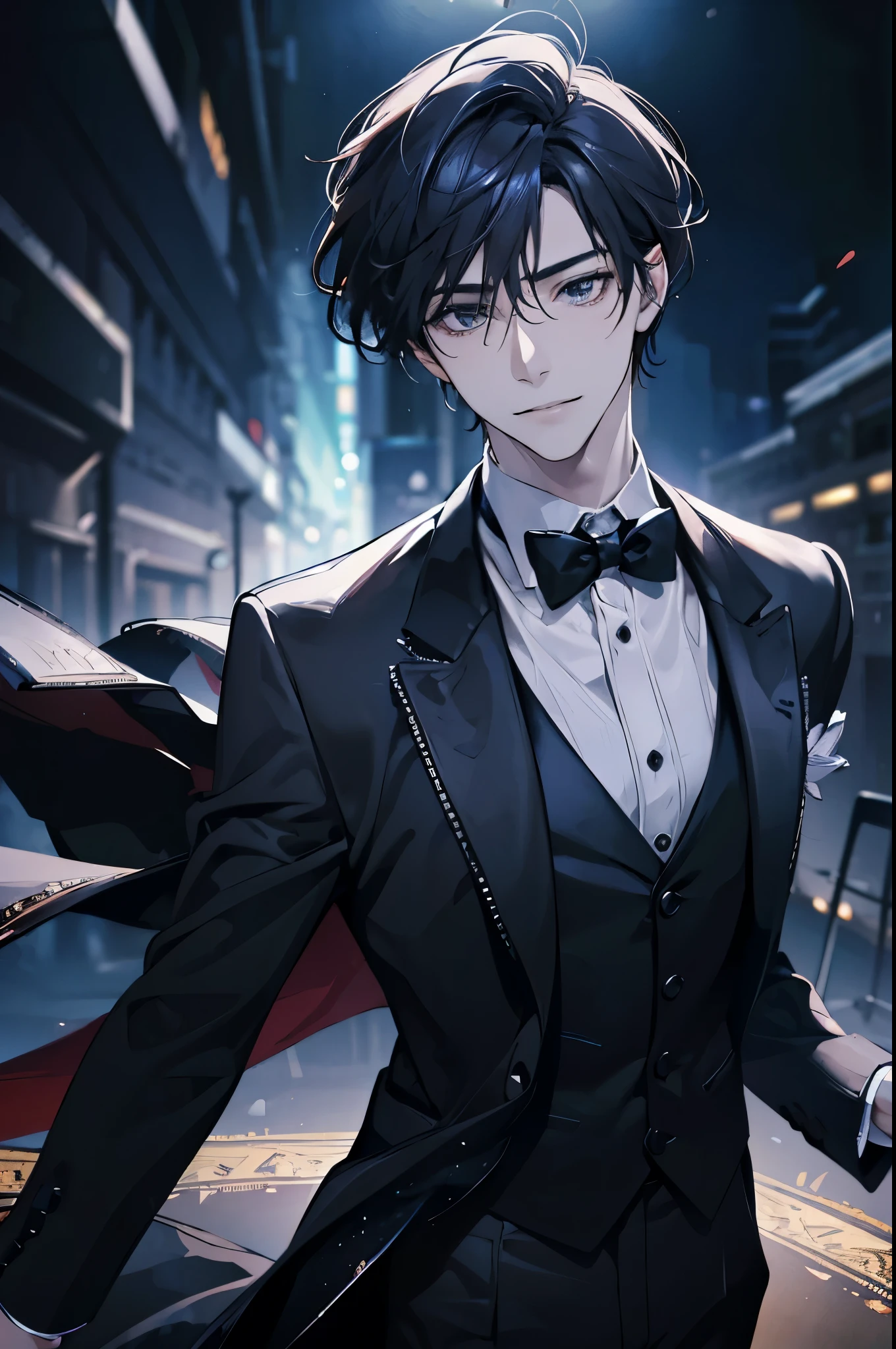 (confused, High resolution, Super detailed, realistic, ), 1 A handsome man wearing a tuxedo, smile, whole body, conductor, concert, Spotlight
